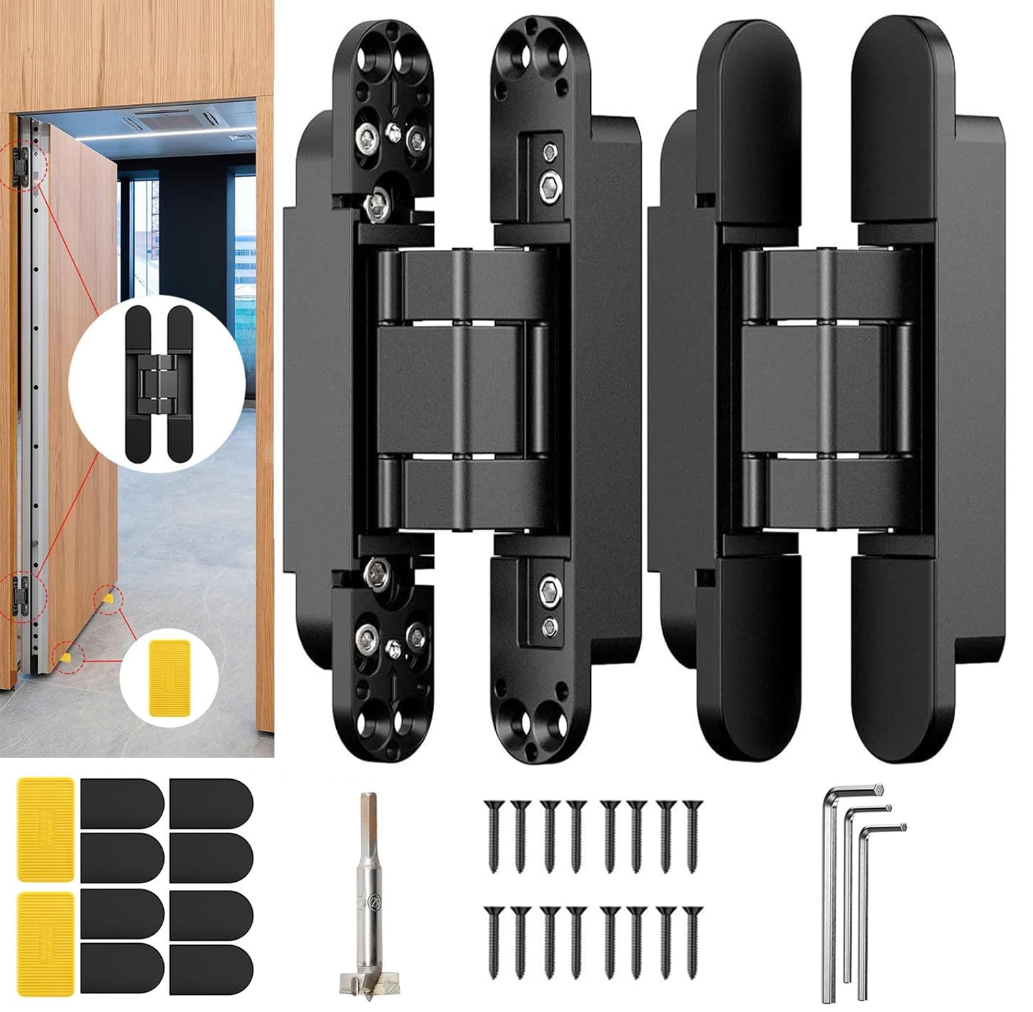 7" Hidden Door Hinge/Concealed Hinges,Invisible Hinges,Invisible Door Silent 180 Degree Swing Hinge 3-Way Adjustable Butt 7 x 2.8 x 1(2, Black 7 inch)