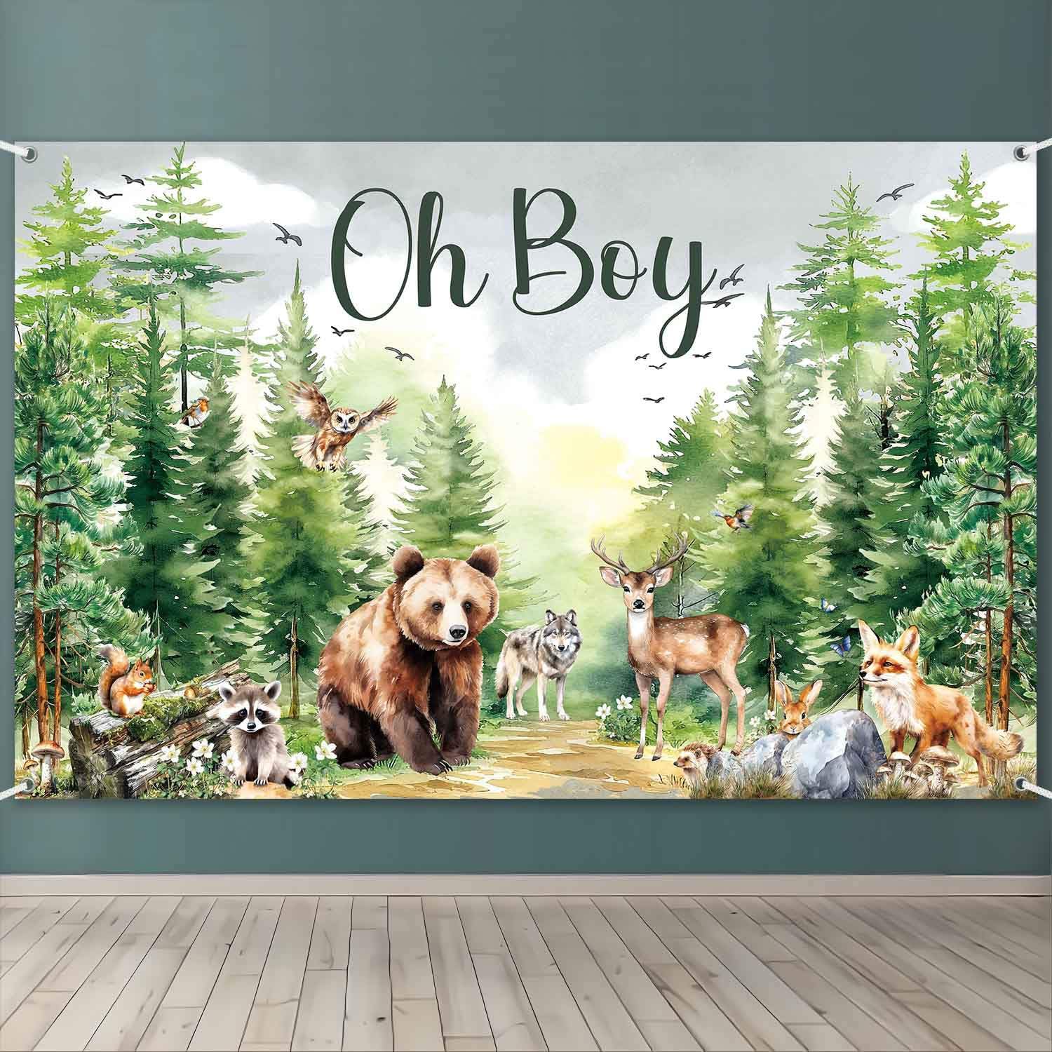 LDWLYW Woodland Creature Baby Shower Backdrop Woodland Animals Baby Shower Decorations for Boy Green Forest Adventure Oh Boy Theme Banner Photo