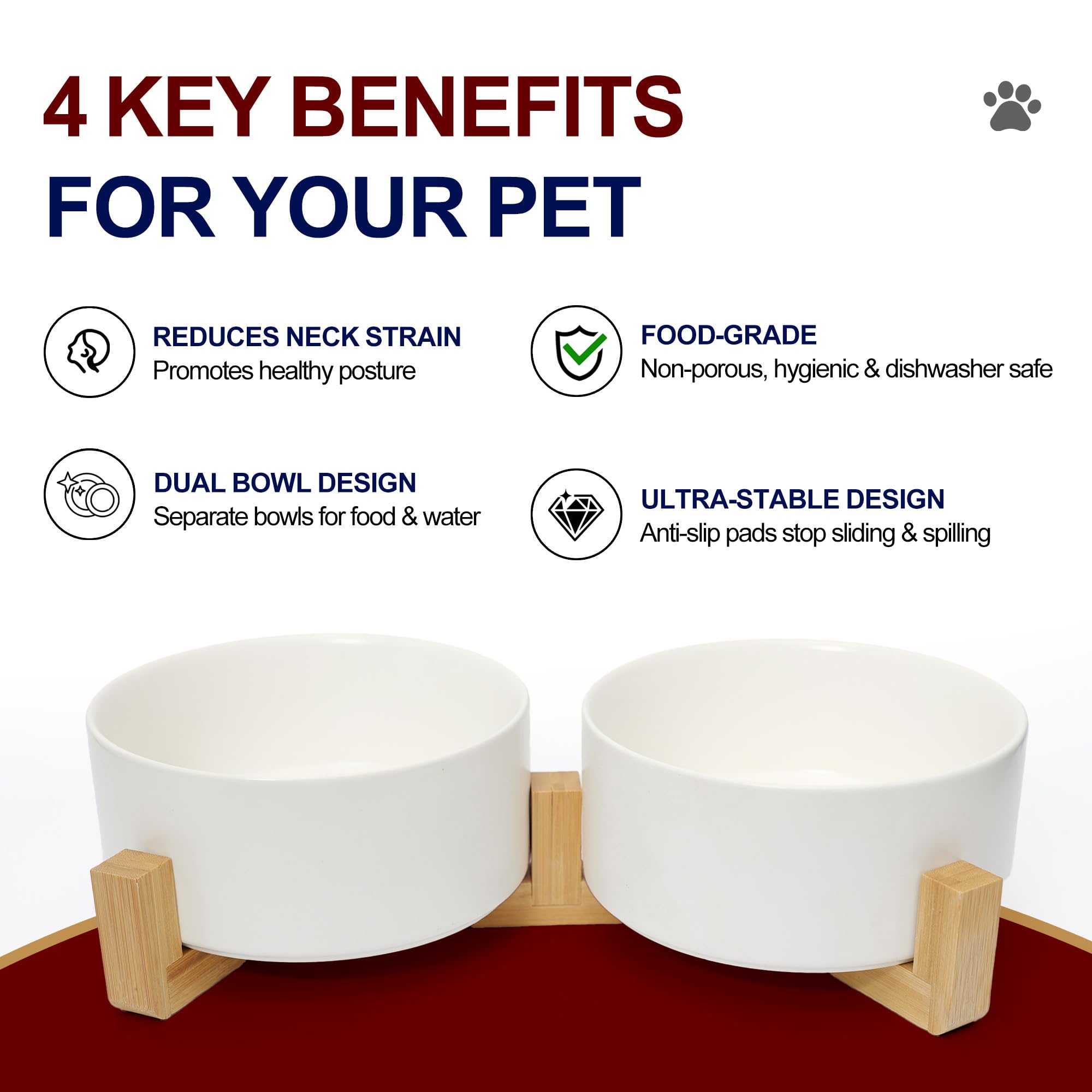 Keramik-Hundenäpfe und Katzennäpfe mit Holzständer, modernes Design, Haustierfutter- und Wassernapf Set für mittelgroße und große Hunde, rutschfeste Futterstation mit beschwertem Boden, Weiß