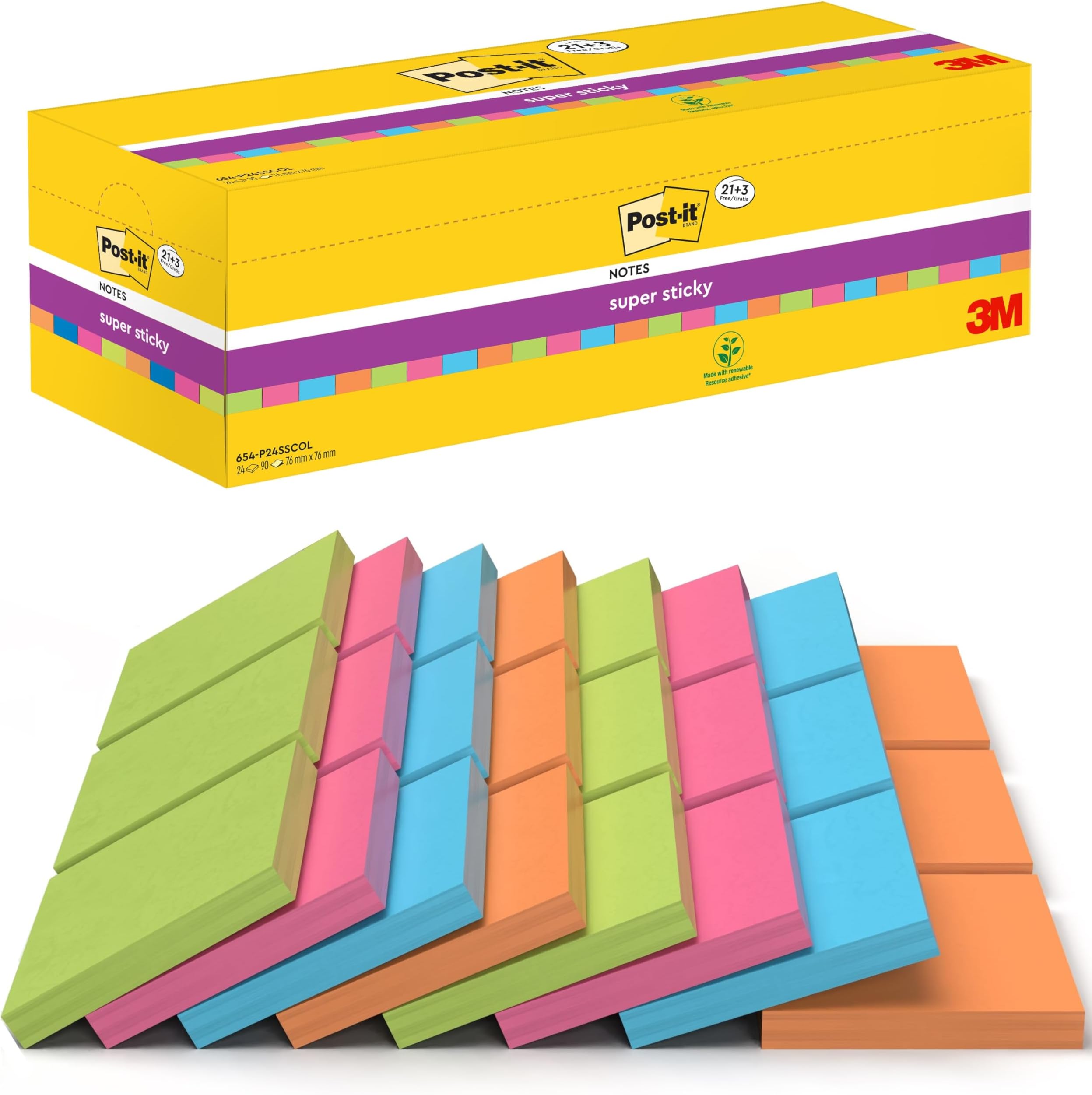 Post-it Super Sticky Notes, 2160 Sheets, Value Pack of 24 Pads, 76 mm x 76 mm - Holds Strong to Many Surfaces - Bright Colours - for Walls, Monitors and Fridge, Recycable