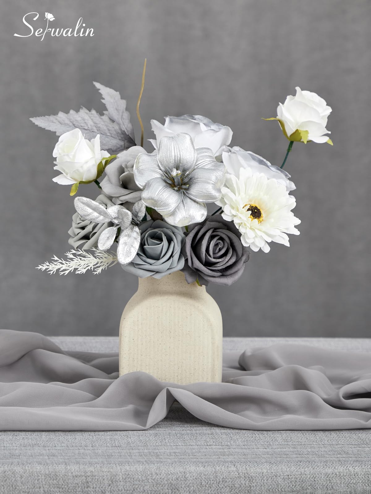 Serwalin Artificial Flower Silver Grey Roses White Fake Cake