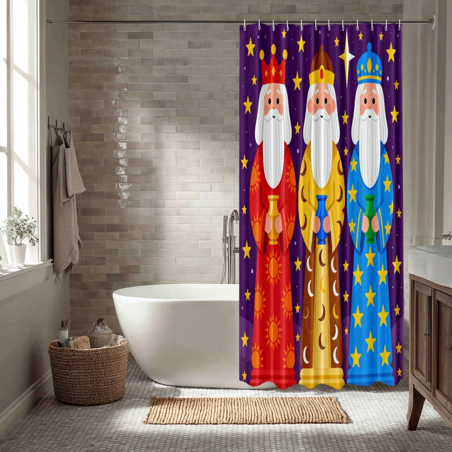 Christmas Kingly Decor Shower Curtain Set,Blue Gold Purple Three Kings Wise Men Polyester Shower Curtain for Shower Stall Bathroom Waterproof with 12 Hooks 72x72 Inch
