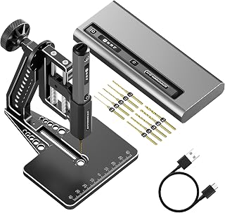 ARROWMAX 5-Gang-Elektro-Mini-Bohrstift mit Hedgehog-Tischpresse, 10 kleine Bohrer mit Aluminiumbox, OLED-Display, LED-Leuchten, 3/32-Zoll-Schnellspannbohrfutter (SDS PLUS)