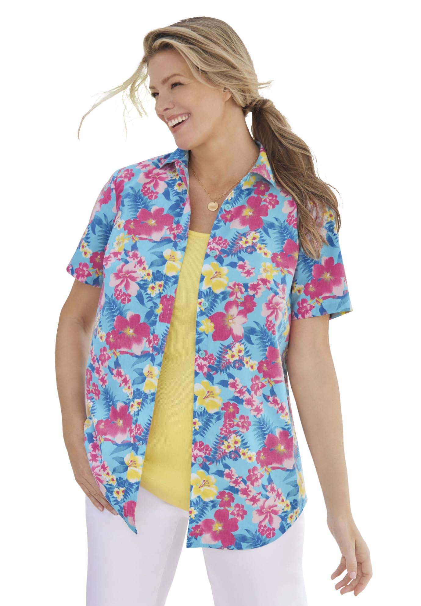 Woman Within Plus Size Perfect Short Sleeve Button-Down Shirt Oversized Tunic Blouse