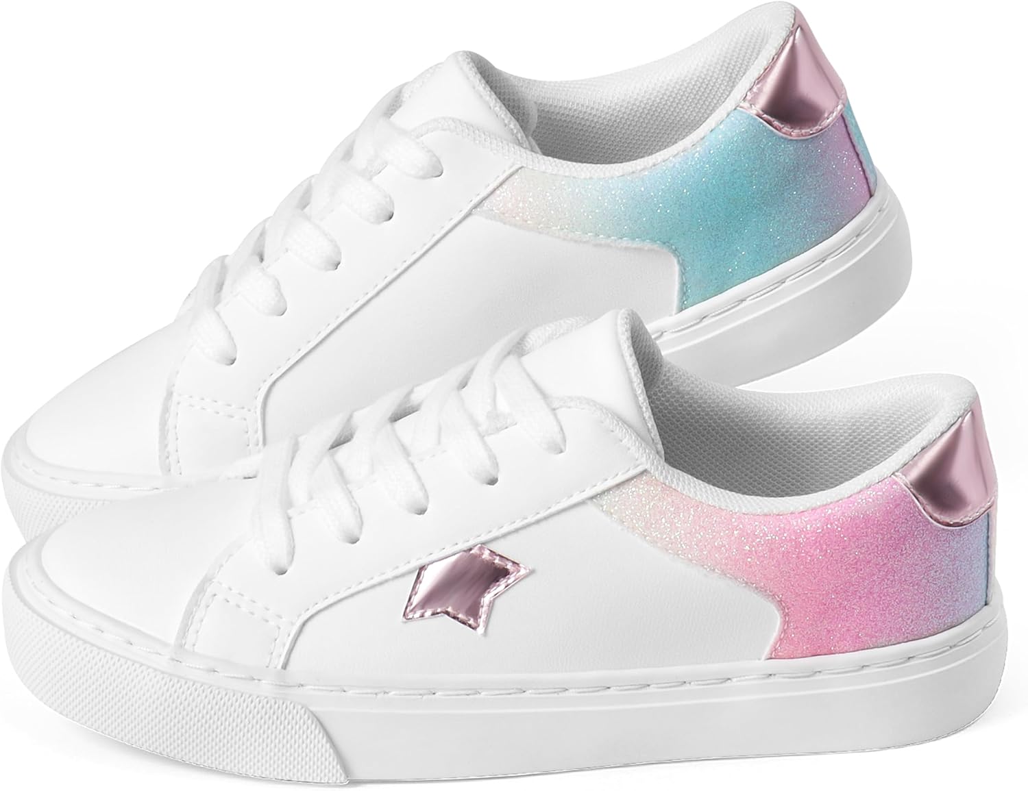 JUDIS Kids Glitter Fashion Sneakers Girls White PU Low Top Lace Up Casual Shoes