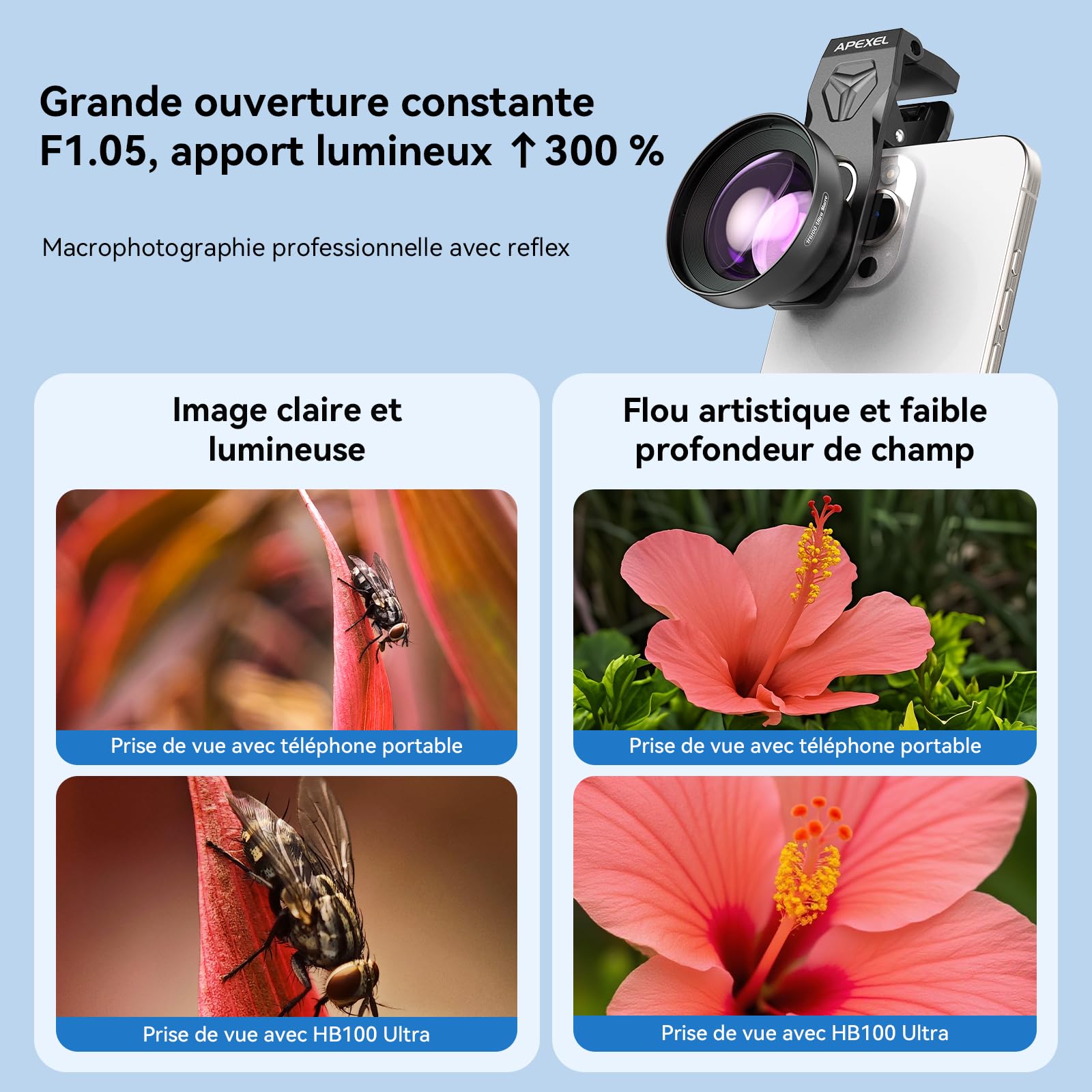 APEXEL HB100 Ultra Objectif Macro HD F1.05 45 Modes Lumière & Revêtement AF,Objectifs pour Téléphones Portables pour Smartphones iPhone, Samsung et Pixel