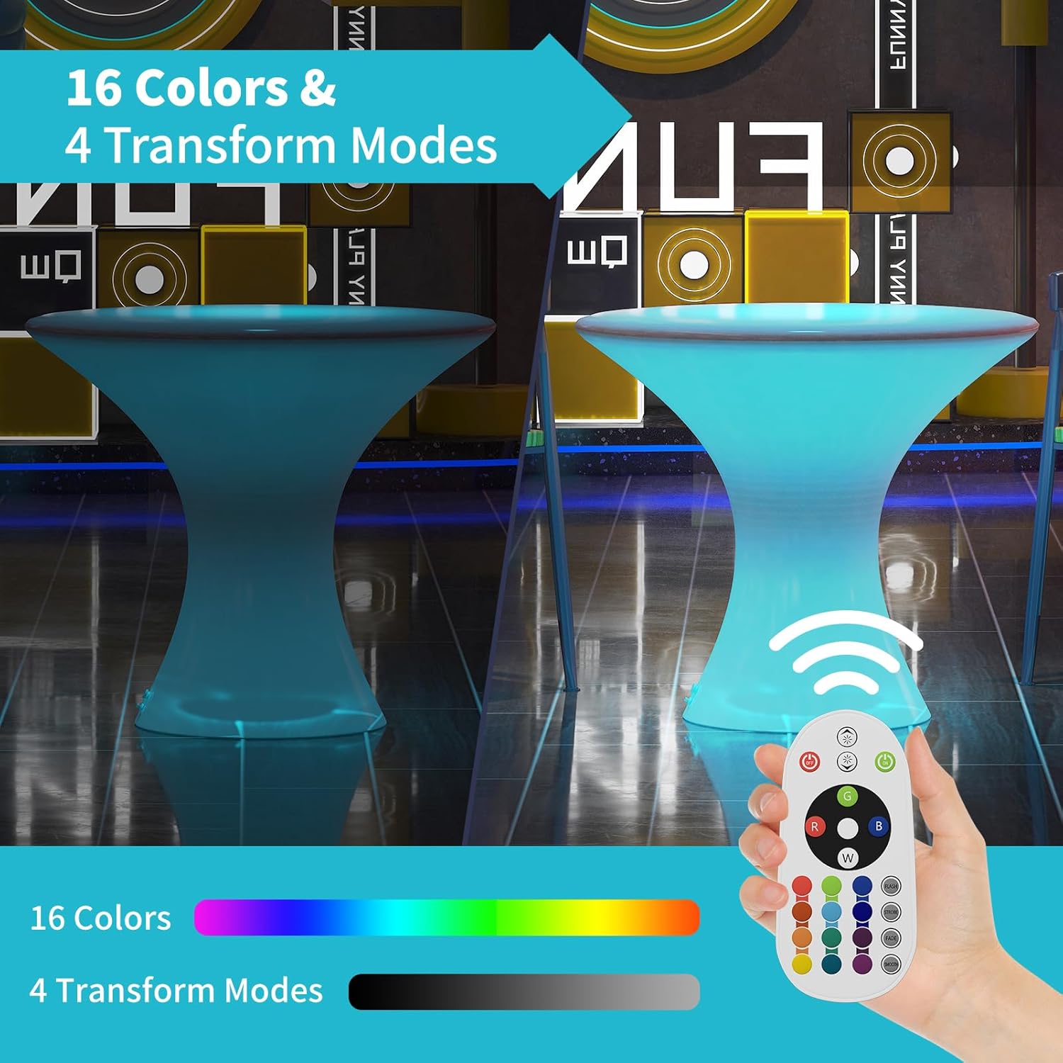 CECER 18" LED Cocktail Table，Rechargeable Light Up Furniture with Remote, 16 RGB Colors Changing Coffee Table，Waterproof Luminous Table for Party，Bar-Hourglass