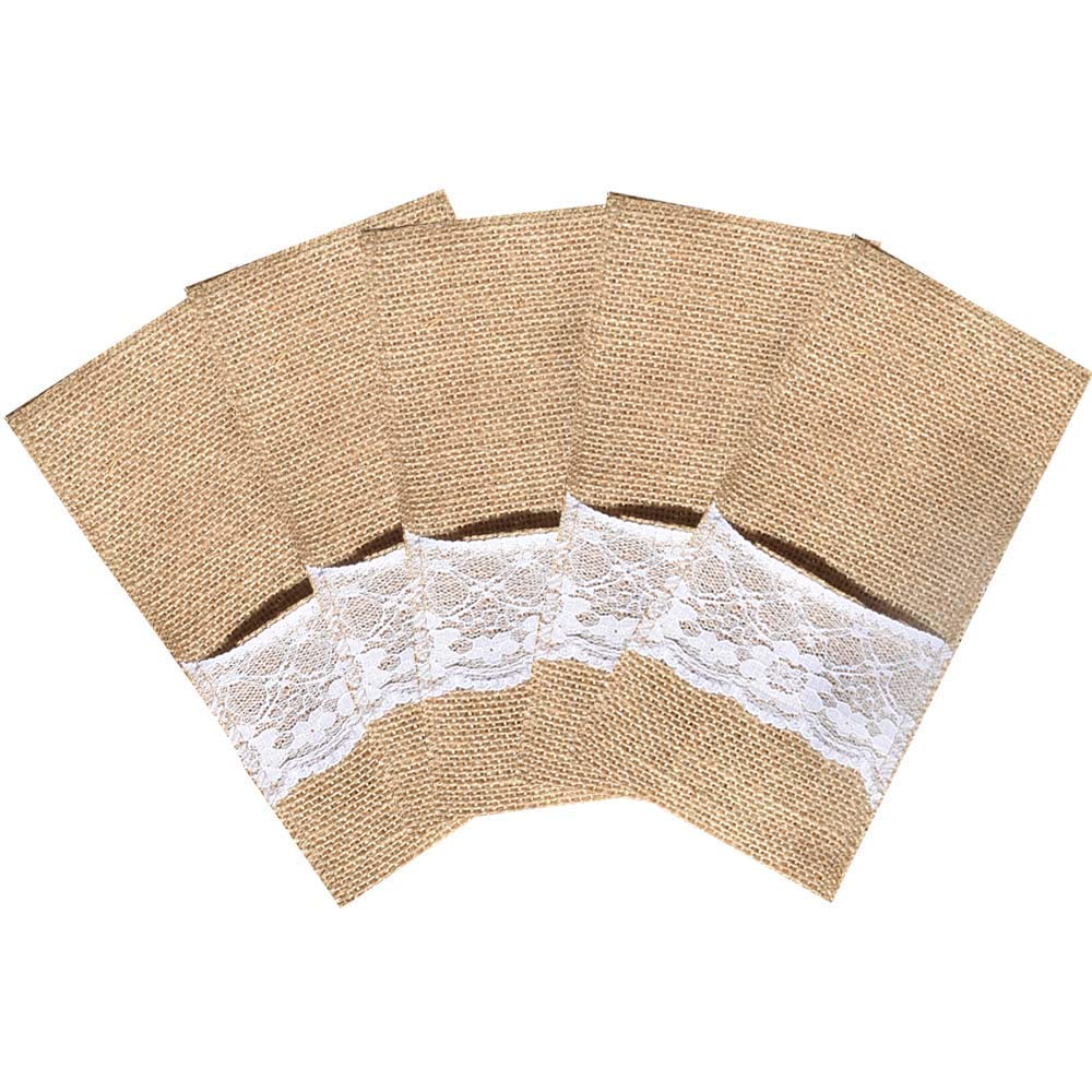 100 Packs Burlap Lace Utensil Holders Pouch Jute Napkin Holders Linen Silverware Cutlery Knife and Fork Bags Pocket for Vintage Rustic Country Weddings Dinner Christmas Thanksgiving Party Decorations