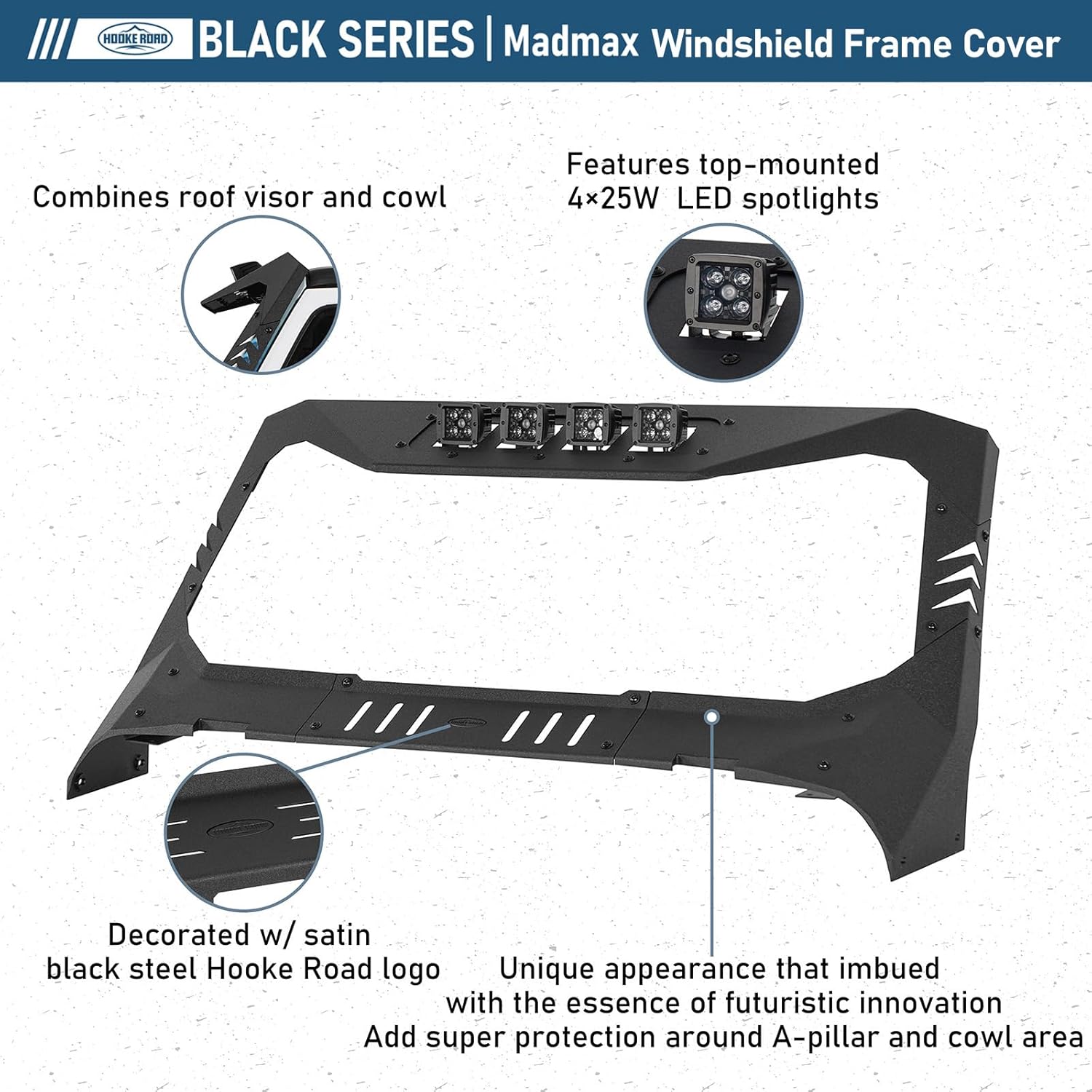 Hooke Road Madmax Visor Cowl Body Armor Windshield Frame Cover w/ 4 LED Lights for 2018-2026 Jeep Wrangler JL & Gladiator JT 2/4 Doors (Exclude JT Mojave, Wrangler 4xe, Rubicon 392)