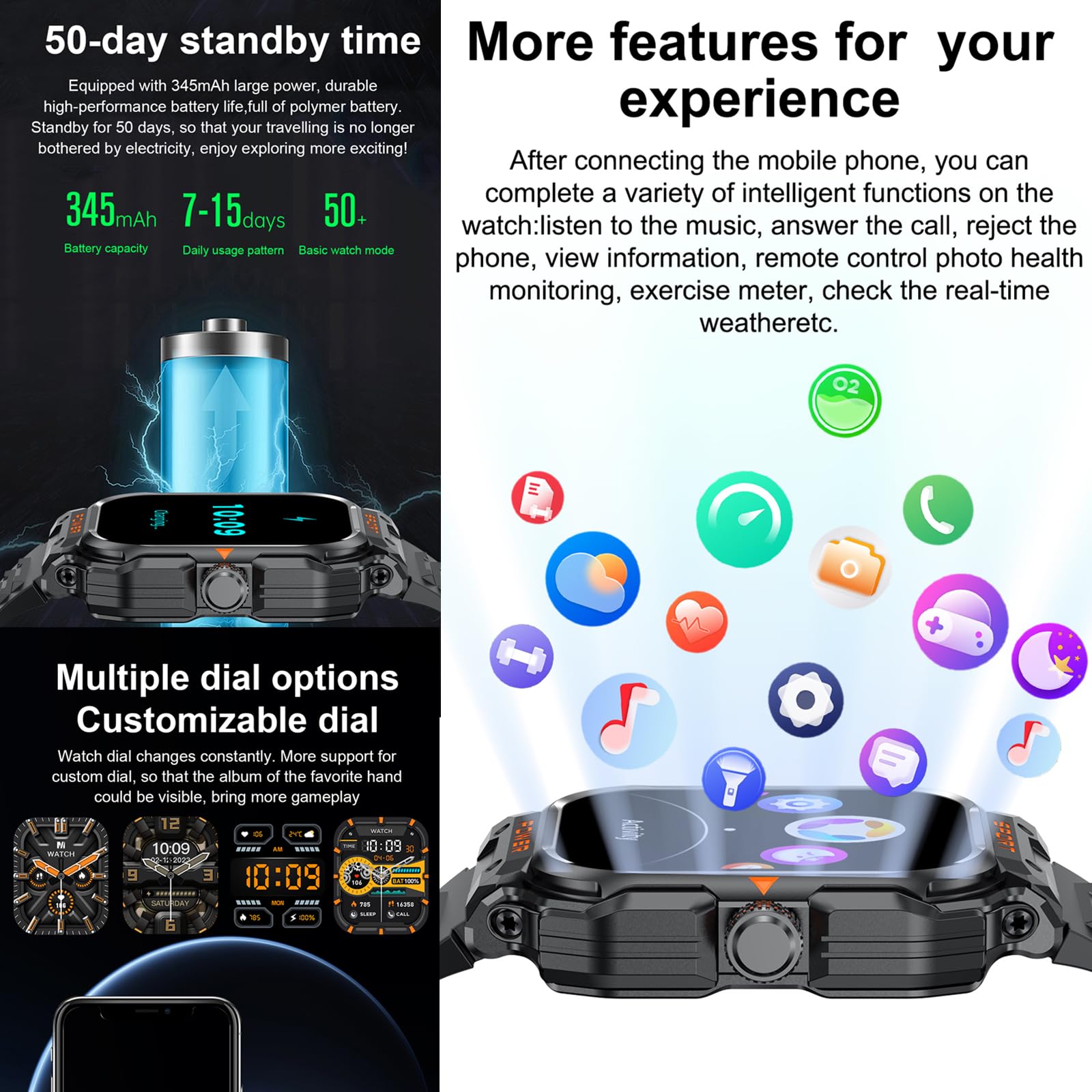 GT55 - Smartwatch militare con auricolari, robusto, tattico, con cuffie TWS, Bluetooth, chiamate, sport, attività all'aperto, fitness, monitoraggio della salute, orologio musicale per iPhone e Android