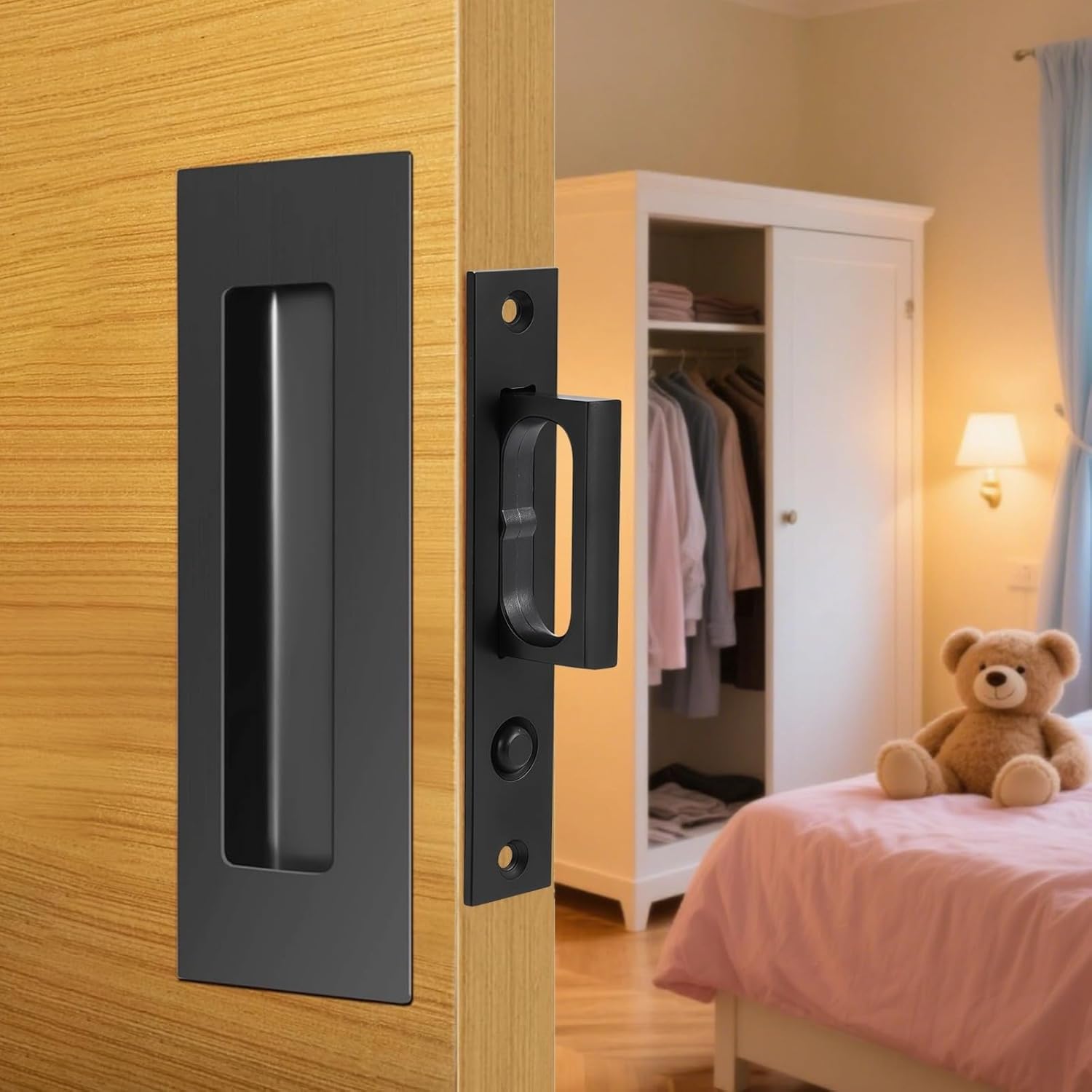 Pocket Door Pull Handle Set, Black Zinc Alloy Side Mounted Design, Includes 4 Handles & 2 Pocket Pulls, Fast Installation For Sliding Doors