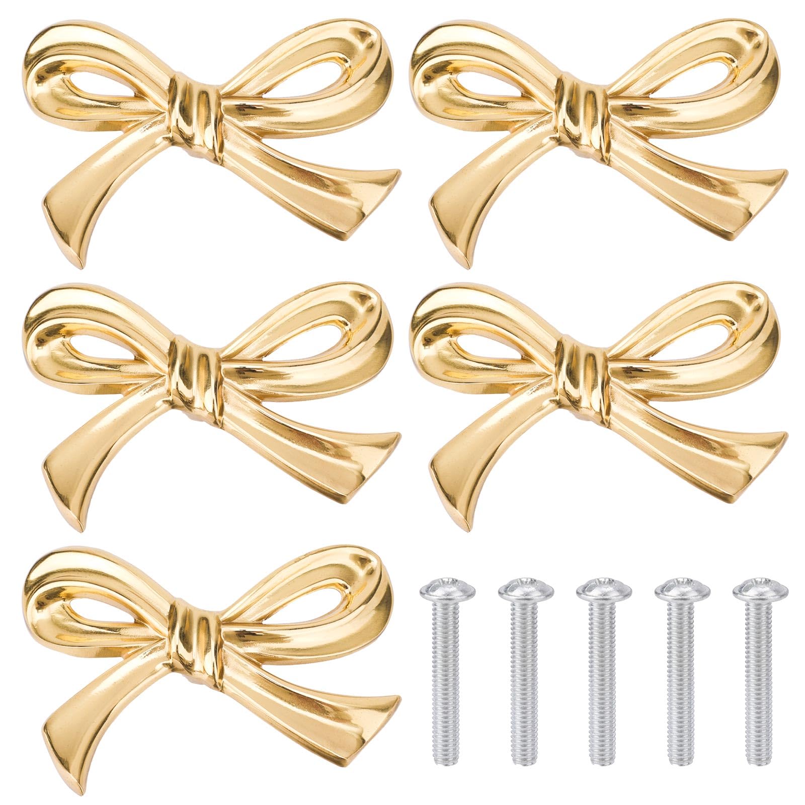 Gosknor 5pcs Bow Shape Cabinets Knobs, Brass Vintage Gold Cabinet Pulls Decorative Bow Dresser Handle for Home Kitchen Dresser Cupboard Wardrobe Drawer Pulls