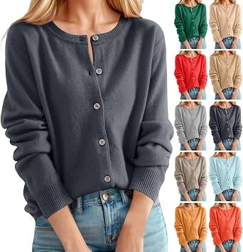 Button Up Cardigan Sweaters for Women Trendy Lightweight Knit Crew Neck Sweater Cotton Cozy Cute Winter Coats Jackets