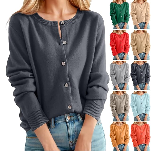 Button Up Cardigan Sweaters for Women Trendy Lightweight Knit Crew Neck Sweater Cotton Cozy Cute Winter Coats Jackets