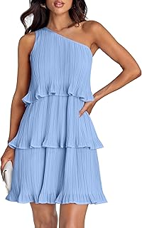 Women's 2025 Summer Sleeveless Mini Dress Boho One Shoulder Ruffle Tiered Layered Flowy A Line Dresses