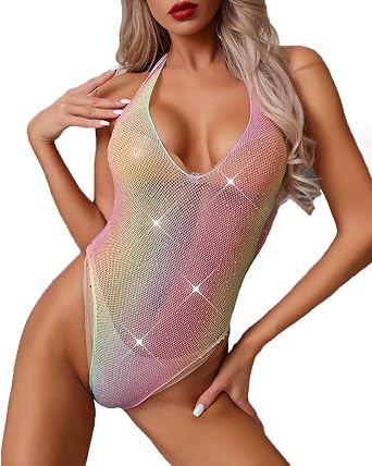 Womens Rhinestone Rainbow Fishnet Bodysuit Halter Top Teddy Lingerie