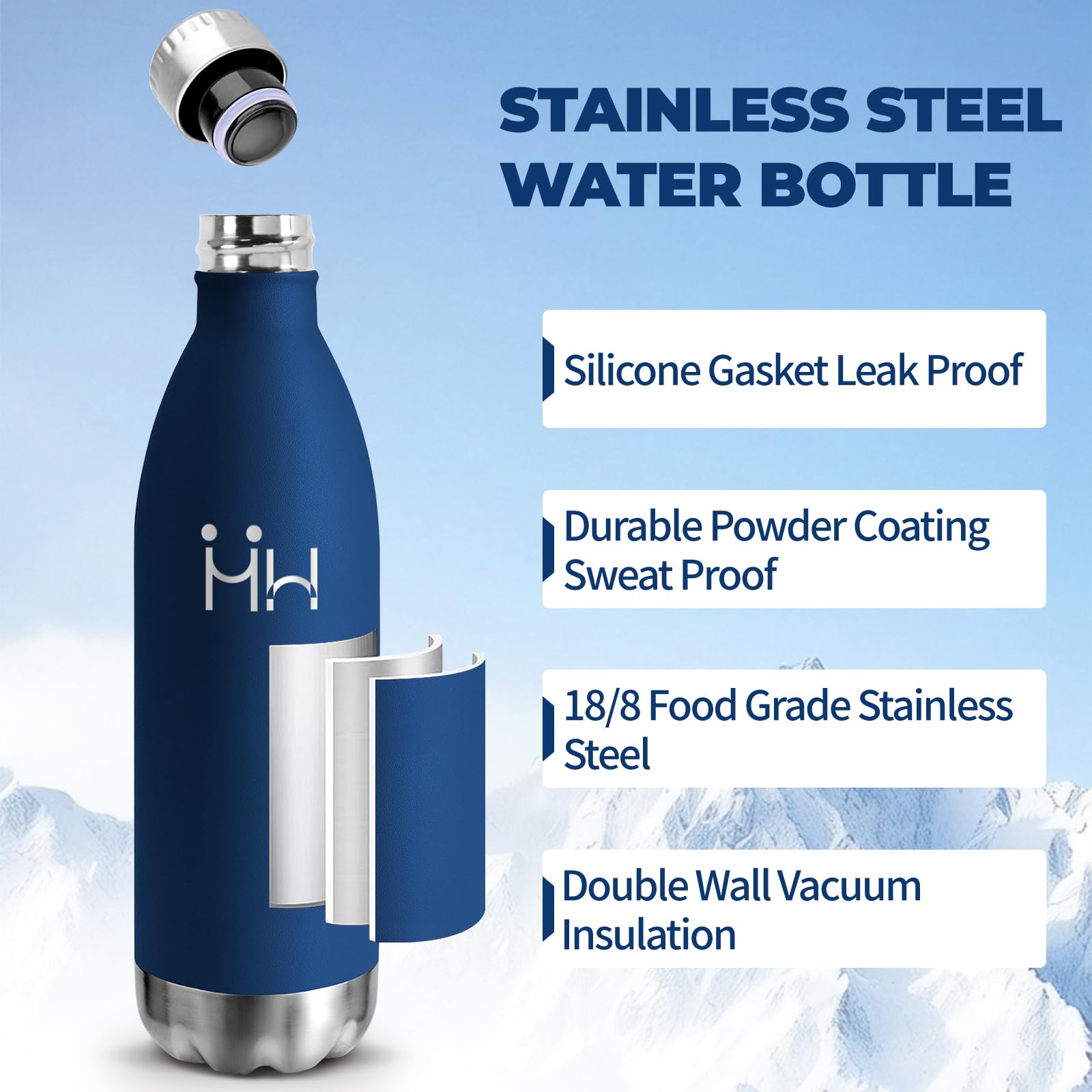 HoneyHolly Borraccia Termica, 18/8 Acciaio Inox Bottiglia Termica - 1000ML - Senza BPA Borraccia Palestra, Isolato Sottovuoto, Antigoccia, Bottiglia Acqua Termos per Scuola, Sport, Ufficio