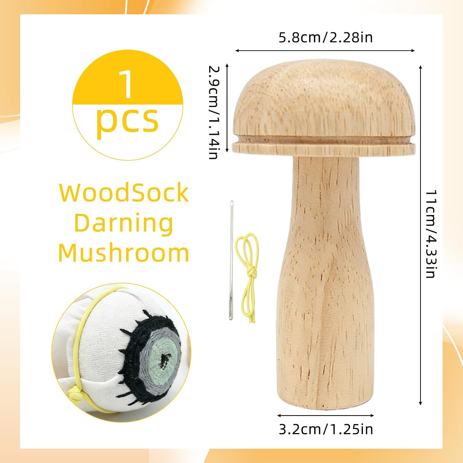 Darning Mushroom for Socks, Wooden Darning Kit with Large Eye Needles Sewing Threads, Darner Kits for Socks Hats Pants Sweaters Repair Stitching and Crafting Projects