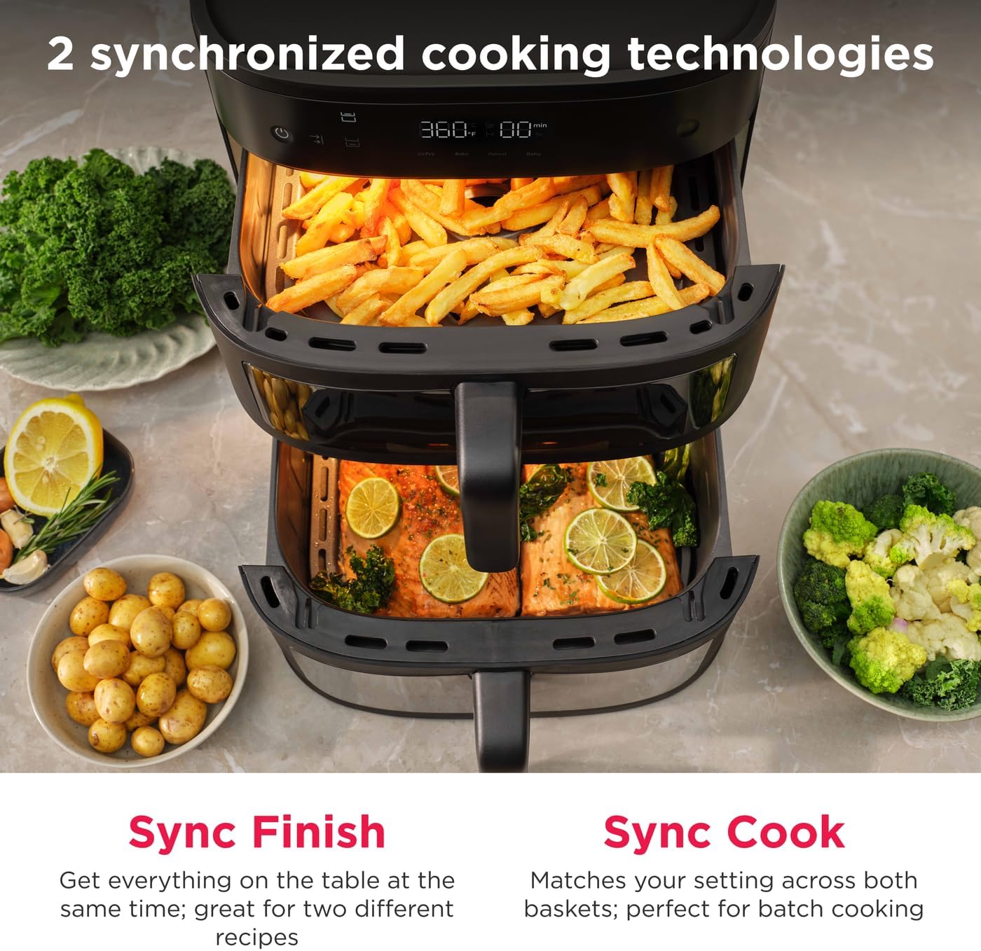 DualZone 4-in-1 Stacked Air Fryer - 11.6qt Capacity, with Sync Cook and Sync Finish - 4 Pre-Programmed Air Fry Settings, Black