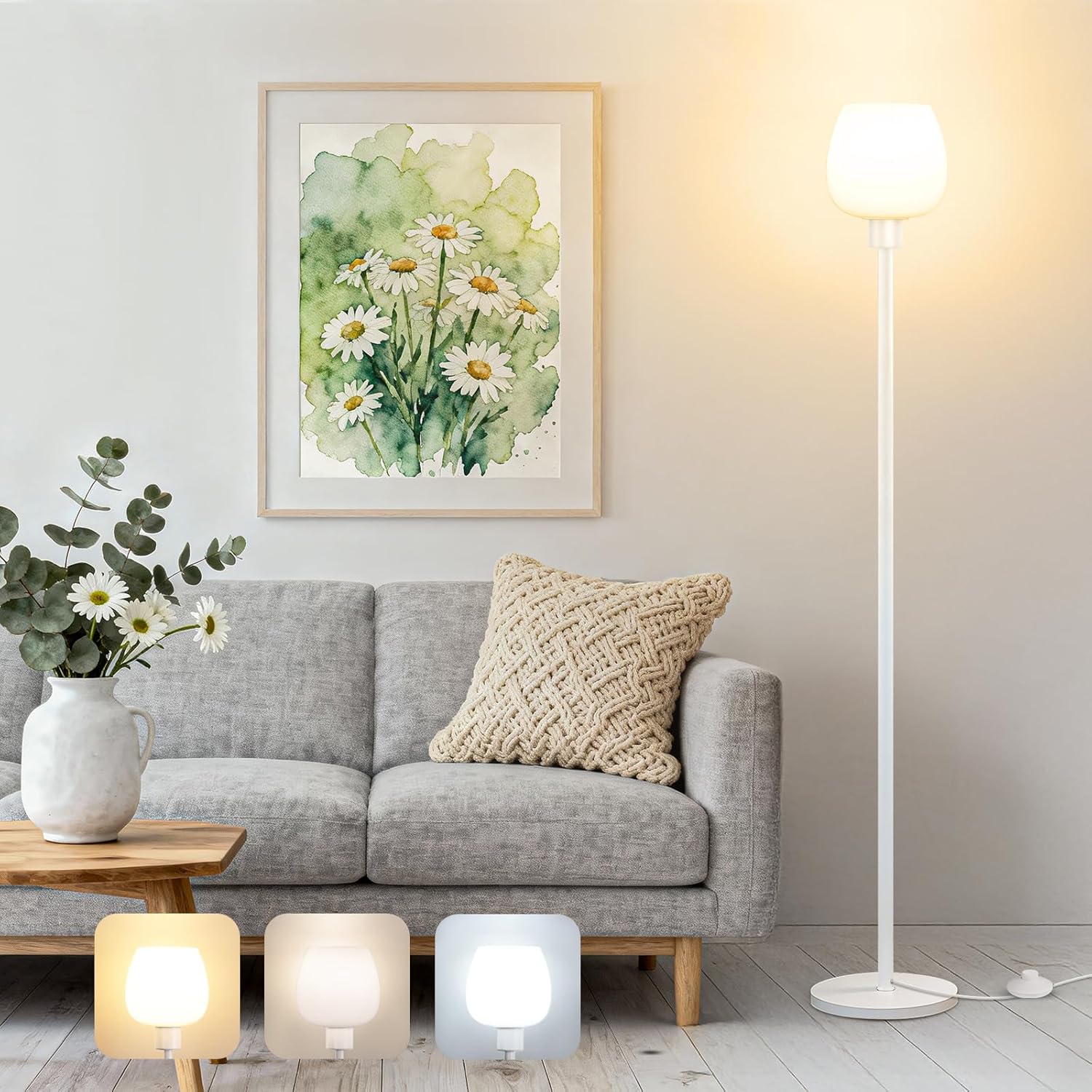 64.2'' White Floor Lamp, Modern Standing Lamp with Opal Glass shade, 3 Color Temperatures LED Bulb Included, Foot Pedal Switch, Tall Pole Standing Lamps for Living Room, Office, Bedroom, Home Decor