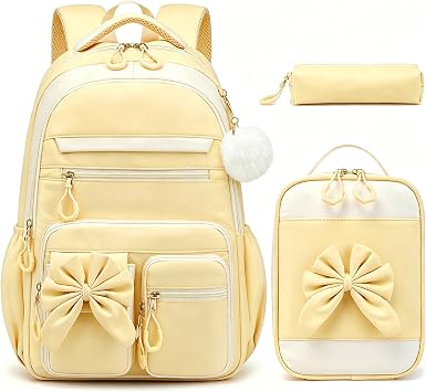 Backpack for Girls, 3PCS Girls Backpack for School with Lunch Box Pencil Case, Cute Bow Kids Teens Book Bag for Kindergarten Elementary Preschool Middle School Yellow