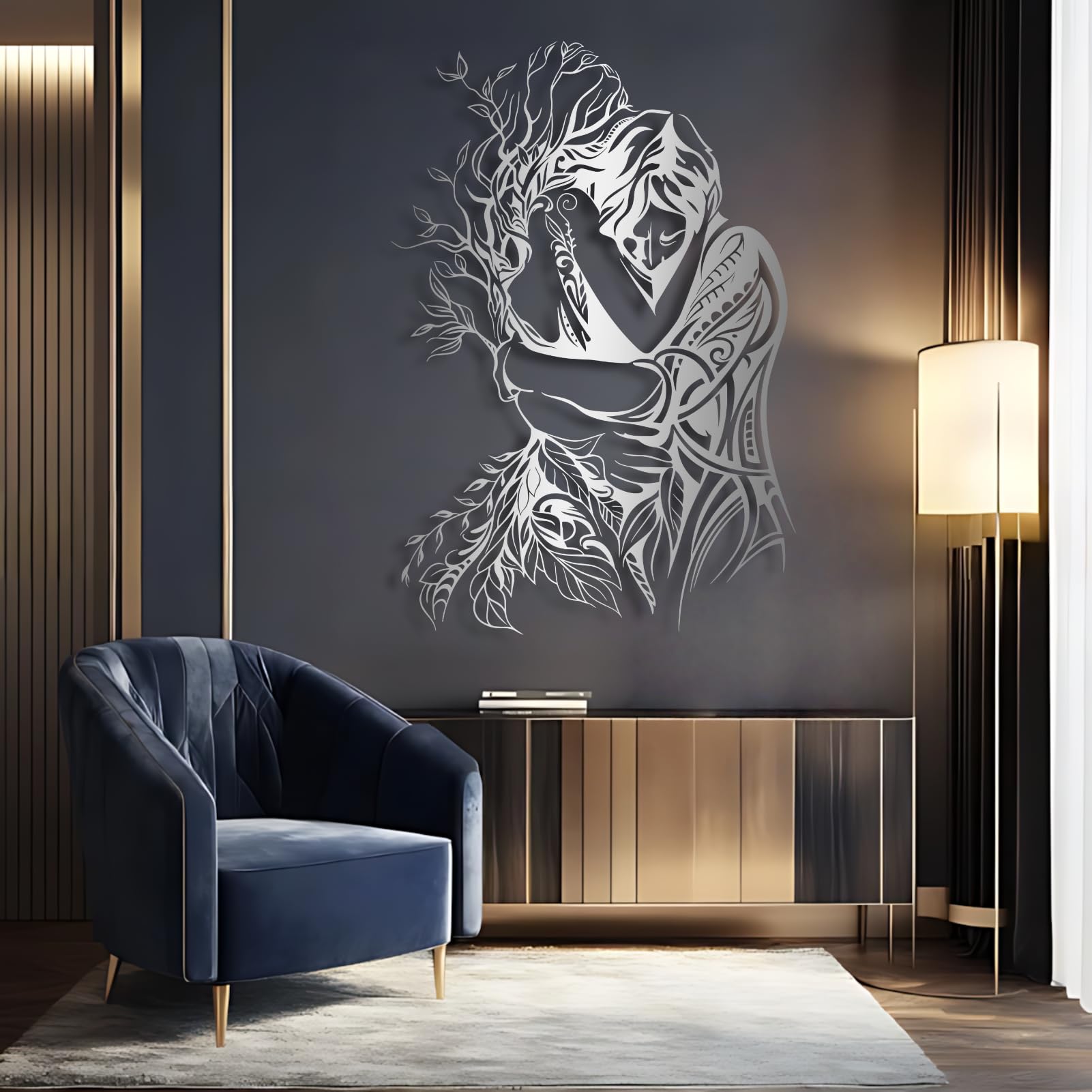 Romantisches Wandbild aus Metall, schwarzes Pärchenmotiv, Wanddekoration aus Metall, Wanddeko für Schlafzimmer, Wohnzimmer, Flur und Treppenhaus, Natur-Wohndeko (Schwarz, 61 x 41 cm)