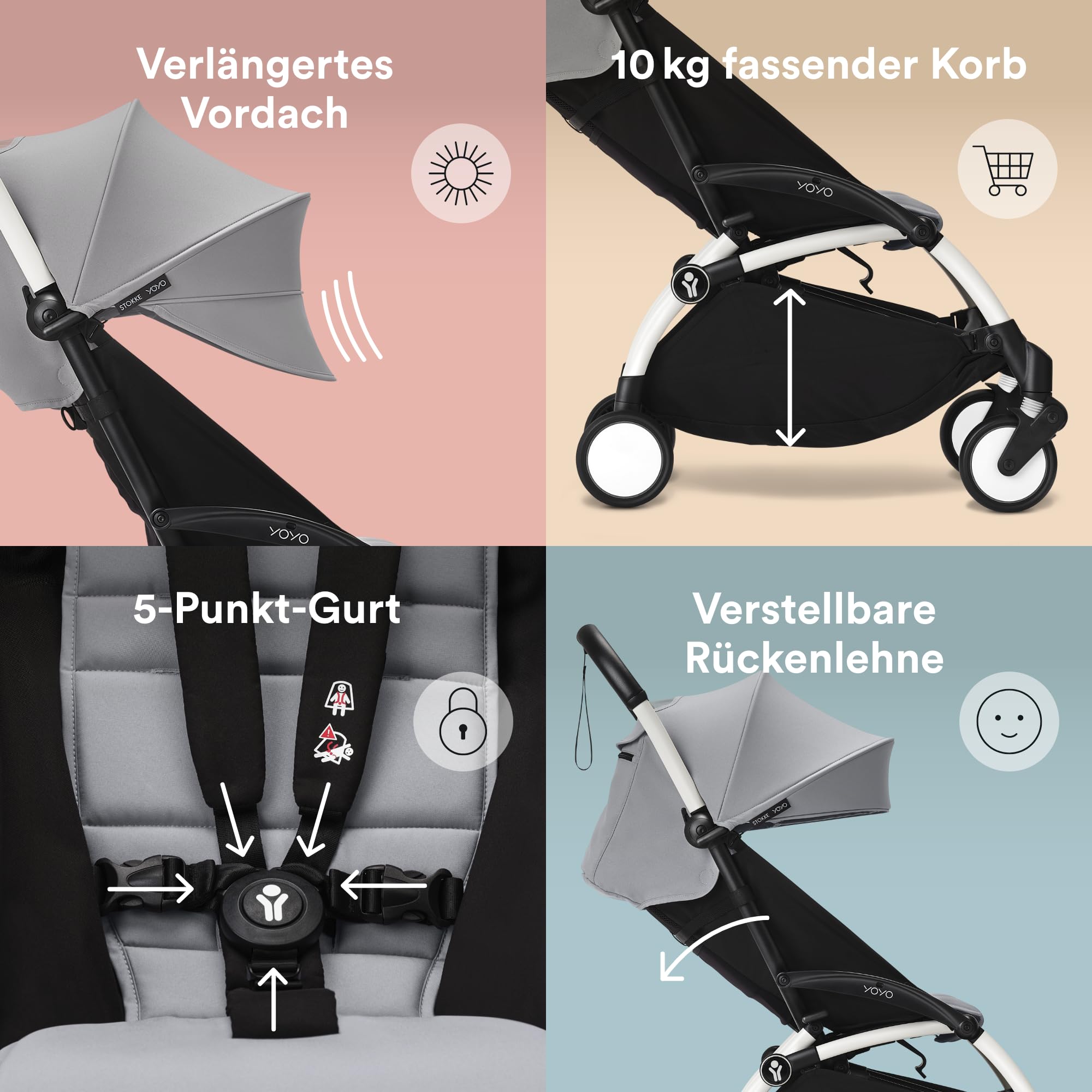 Stokke YOYO3 Kinderwagen ab 6 Monaten - Inklusive weißem Rahmen / Stone Sitzkissen + Verdeck - Blitzschnell ein- und ausklappbar - Leicht & kompakt - Handgepäck-kompatibel