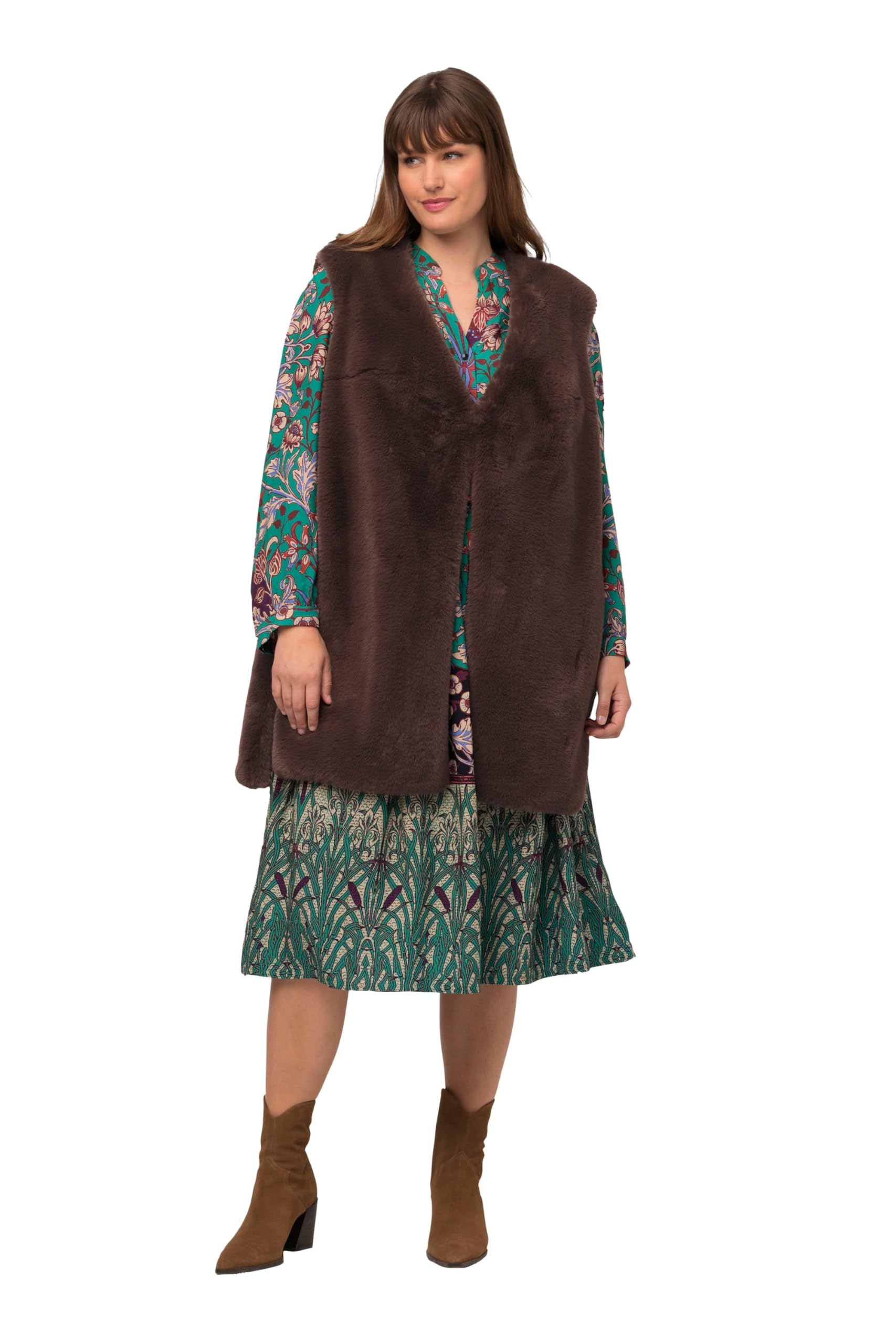 Ulla Popken Damen große Größen Übergrößen Plus Size Webpelz-Weste, V-Ausschnitt, Hakenverschluss, ärmellos 821688