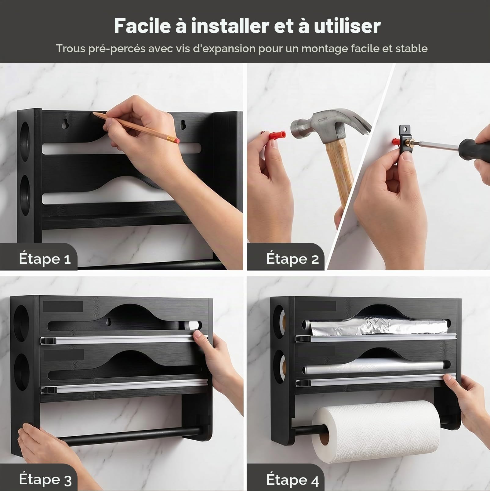 Porte-Rouleau Cuisine Mural 3 en 1 en Bois, Distributeur Film & Aluminium | Porte Essuie-Tout avec Distributeur Film Alimentaire et Papier Aluminium, Rangement Mural Gain de Place pour Cuisine