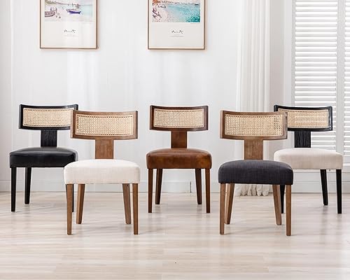 Miniatura 8 de Juego de 2 sillas de comedor de ratán modernas de mediados de siglo, silla decorativa tapizada de lino de granja, sillas de cocina con respaldo