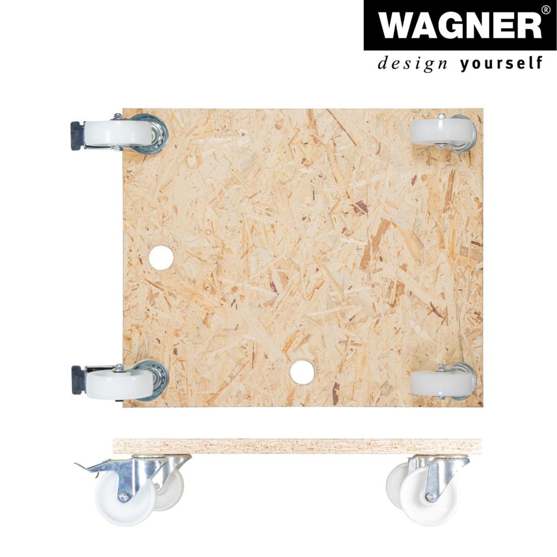 WAGNER Transportroller Transporthilfe 1617 I Möbelroller aus OSB 25 mm I 59 x 49 x 12 cm, Tragkraft 400 kg I Schwerlastrollbrett Umzug, Gewerbe I Rollbrett mit Bremsen&Aufhängeloch I FSC® I Made in DE