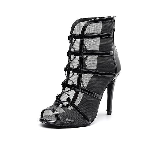 YKXLM Latin Dance Boots Salsa Bachata Performance Women Ballroom Lace-up Ankle Open Toe Dance Shoes