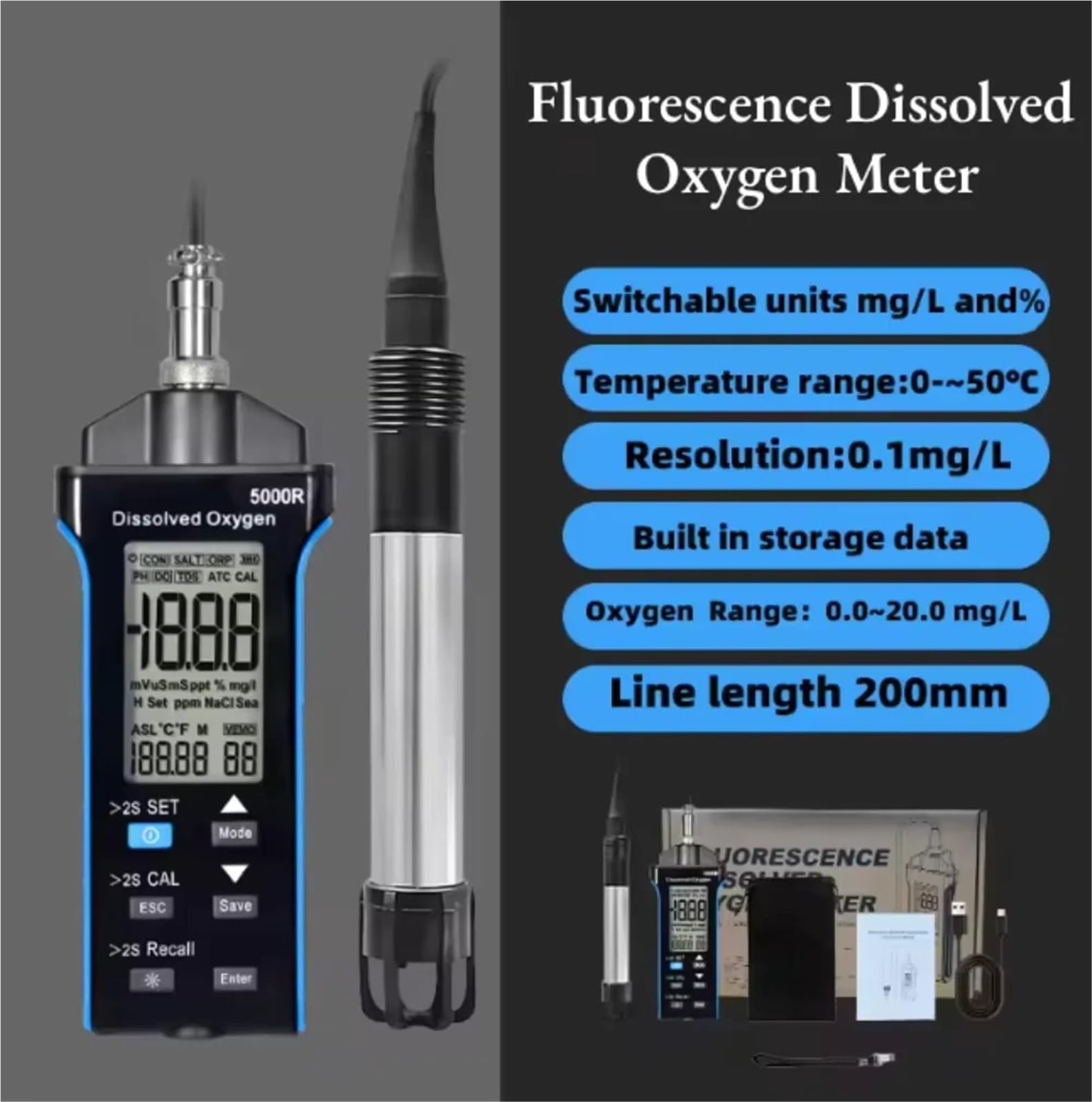 Refractómetro Brix, Medidor De Oxígeno Disuelto por Fluorescencia, Compensación Salinidad Y Altitud, Almacenamiento Datos con Retroiluminación, Calidad del Agua, 0,0-20 /L,para Mosto