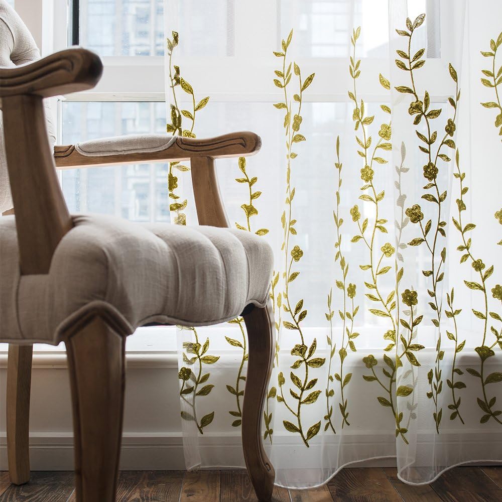 Melodieux Flower Embroidery Sheer Curtain for Living Room Bedroom, Farmhouse Style Rod Pocket Voile Drape, White/Green, 52 by 84 Inch (1 Panel)