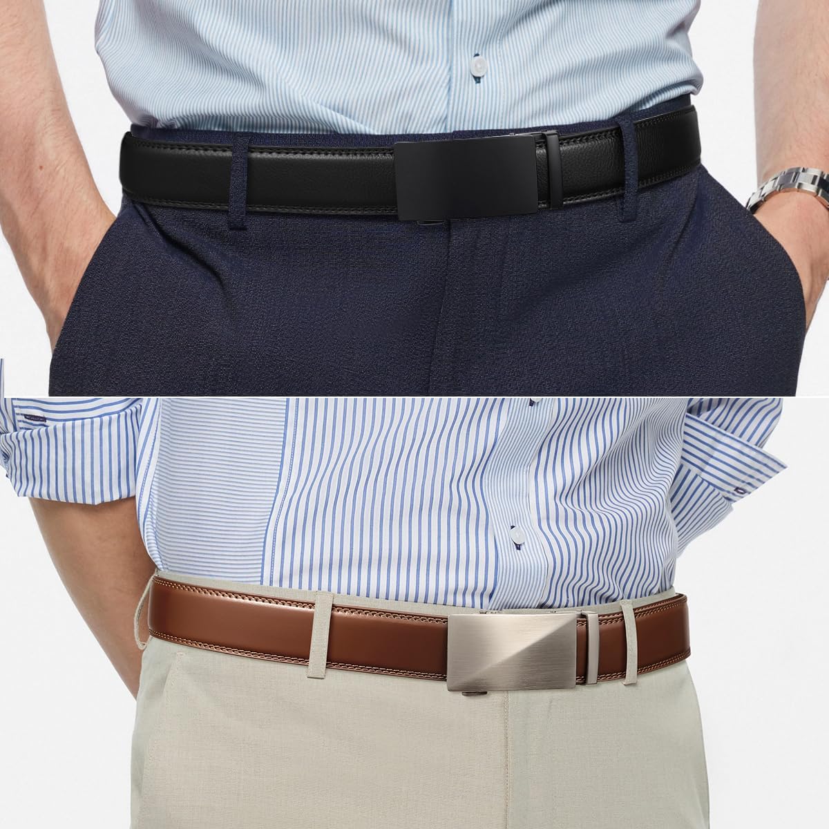 Founders & C Mens Belt 2 Pack,Leather Ratchet Click Belt Dress with Slide Buckle 1 3/8" in Gift Set Box- Size Adjustable - Image 2