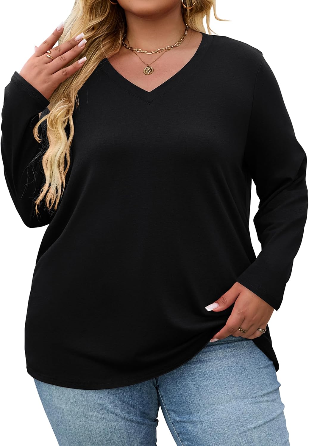 Halife Women's Plus Size V Neck Tshirts Spring Long Sleeve Tops Casual Loose Fit Tee Shirts Tunics XL-5X