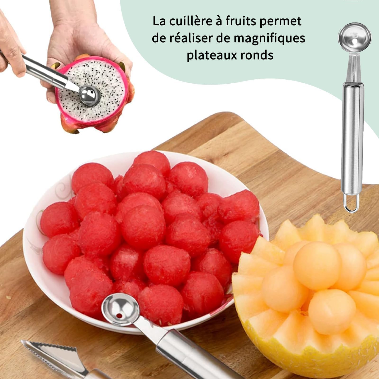 3 Pièces Outils À Fruits Pousse-Pomme Cuillère À Boule De Melon Couteau De Sculpture En Acier Inoxydable Pour Creuser Et Sculpter Des Fruits, Cuisine Maison