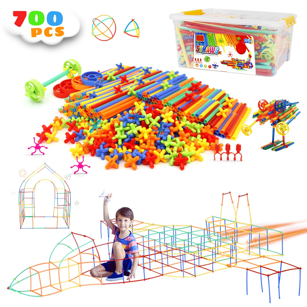 700Pcs Straw Constructor Toys for 3 4 5 6 7 8 Years Kids STEM Building Toys with Box Straw Interlocking Plastic Toys Thin Tube Blocks Toy Preschool Toy Kit for Boys and Girls