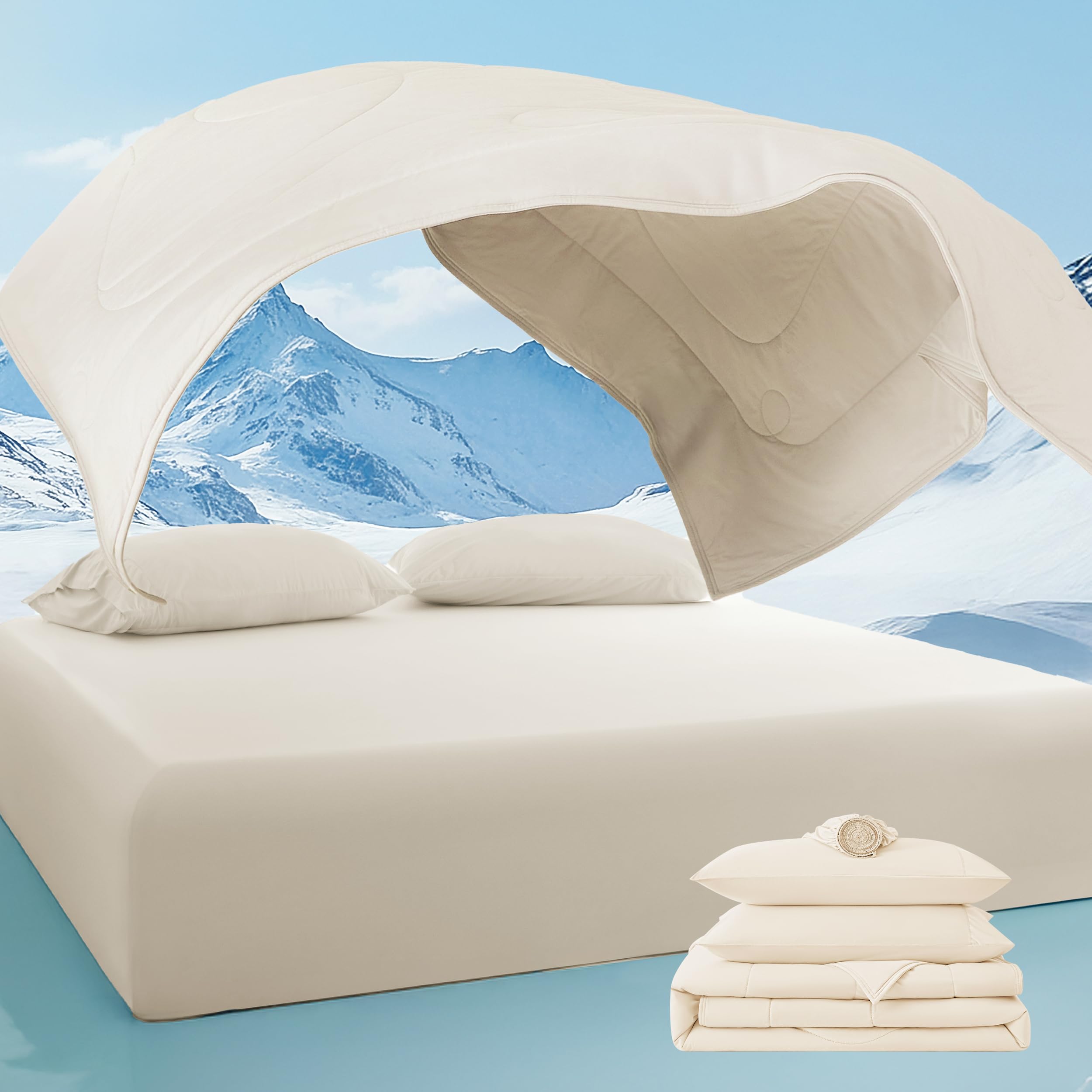 Breescape Cooling Comforter Set - Ultra Comfort 4pcs with King Size Cooling Blanket, Wrinkle-Free Deep Pocket Fitted Sheet, 2 Breathable Pillowcases for Skin and Hair Bedding Set, Soft Ivory