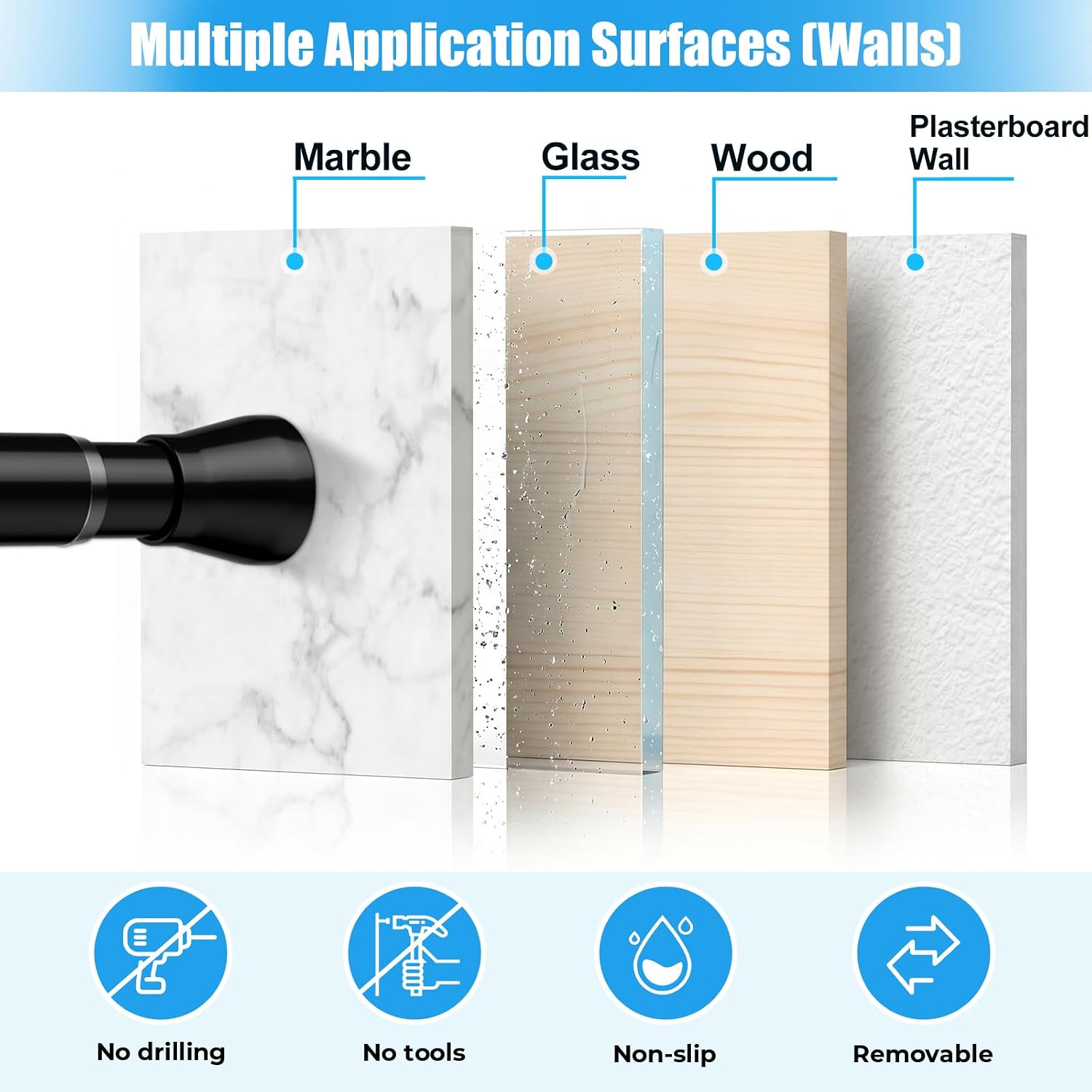 Spring Tension Curtain Rods 28-48 Inch Black 1 Pack | No-drill & tool-free setup. Fits windows, kitchens, doorways. Rust-resistant, range 27.24-51.85 in, great for light curtains.