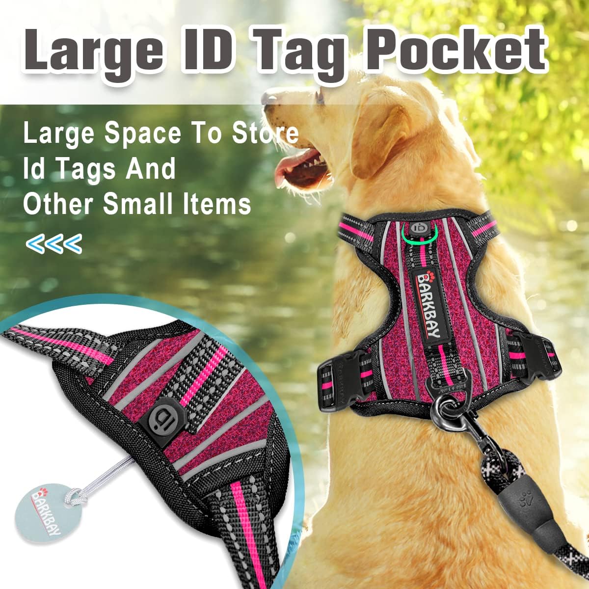 BARKBAY Dog Harness No Pull with ID Tag Pocket - Heavy Duty, Reflective, Easy Control for Large Dogs(Pink/Black,XL) - Image 3