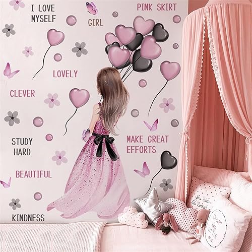 Calcomanías de pared para niñas, globos de corazón de amor, pétalos de burbujas de mariposa rosa y negro, citas inspiradoras, calcomanías de pared