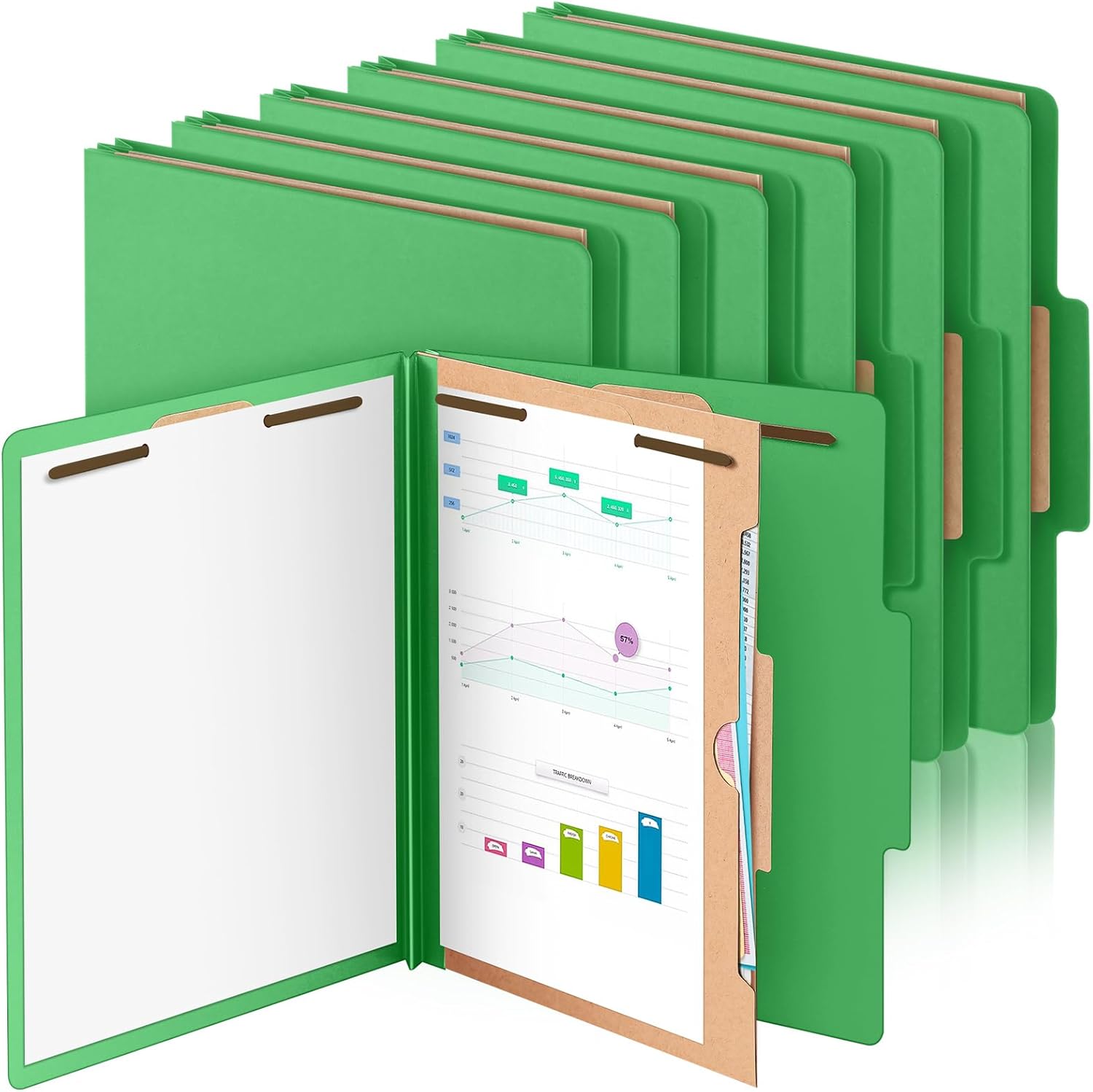 12 Pack Classification File Folders Bulk with Divider and 2" Expansion, Pressboard Folder with 2 Prong Fasteners for Employee Records Medical Charts Office Document Organization(Green)