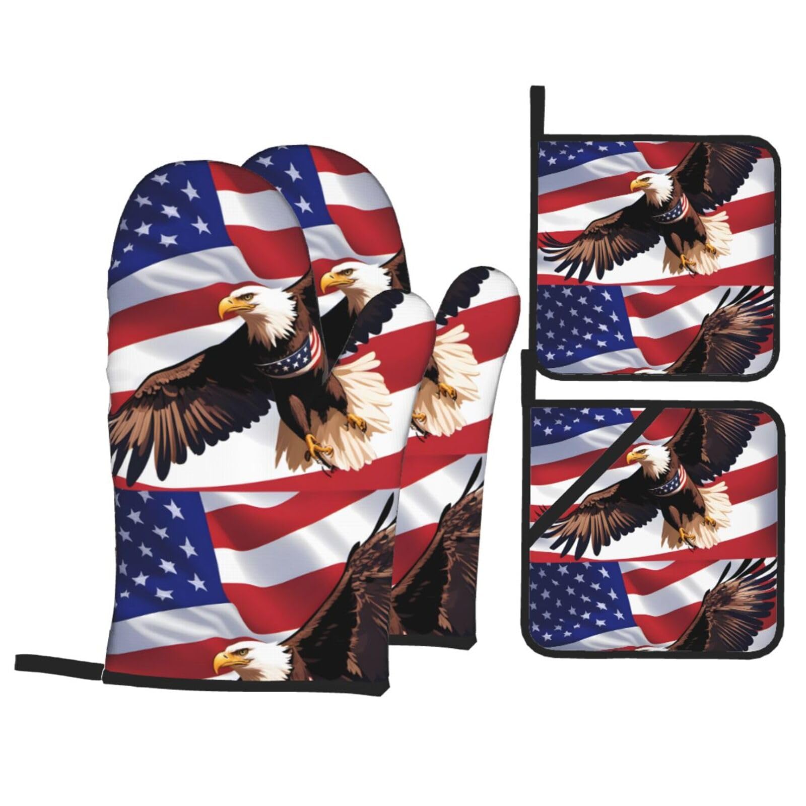 HJFCZH USA Patriotic Eagle with American Flag Prints Kitchen Throw Set: Durable Oven Layers with Waterproof Polyester – 4 Piece Heat Protection System