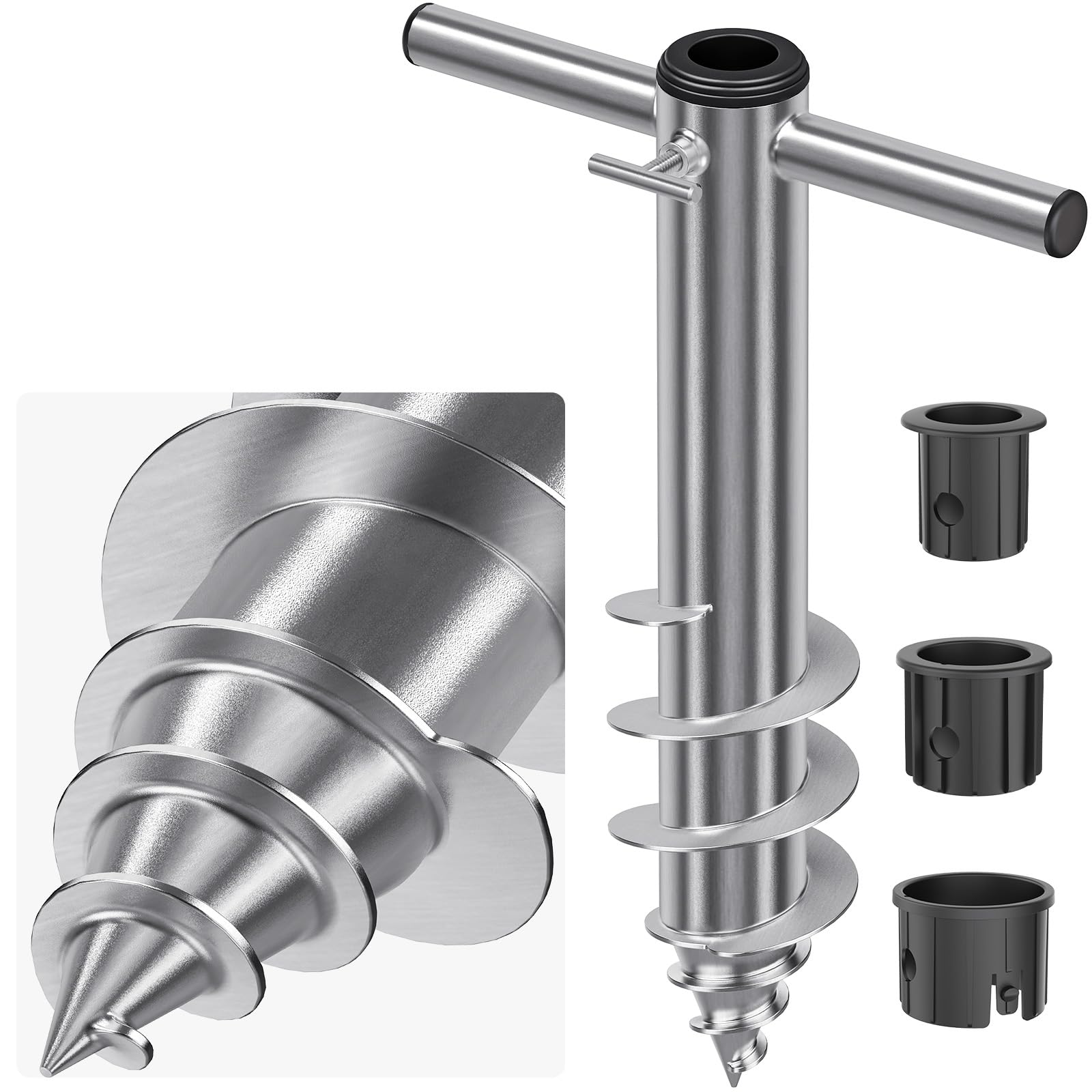 Dolibest - Anclaje de acero resistente para sombrilla de playa, soporte con 3 casquillos para mástiles de 2,5 a 5 cm, estaca cortaviento con base en espiral totalmente soldada para máxima estabilidad
