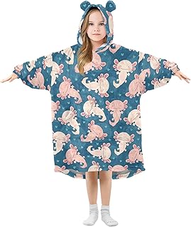 JHKKU Cute Axolotl Wearable Blankets for Kids, Oversized Flannel Blanket Hoodie for Kids, Warm Blanket Hoodie for Boys Girls with Pockets