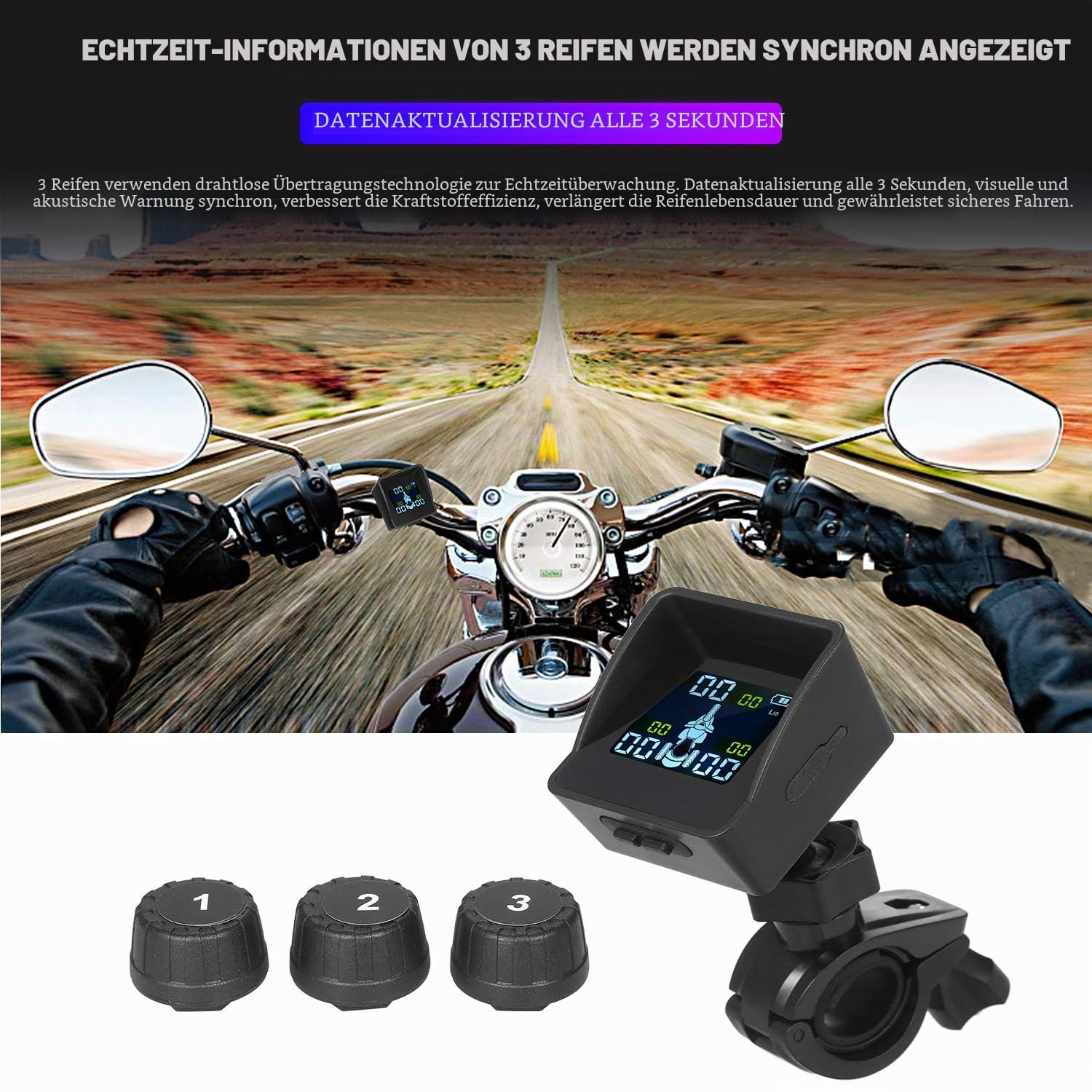 Reifendrucküberwachungssystem TPMS Wireless Smart Tire Monitor mit 3 externen Sensoren Sunshade Auto Tire Alarm für Dreirad-Dreirad