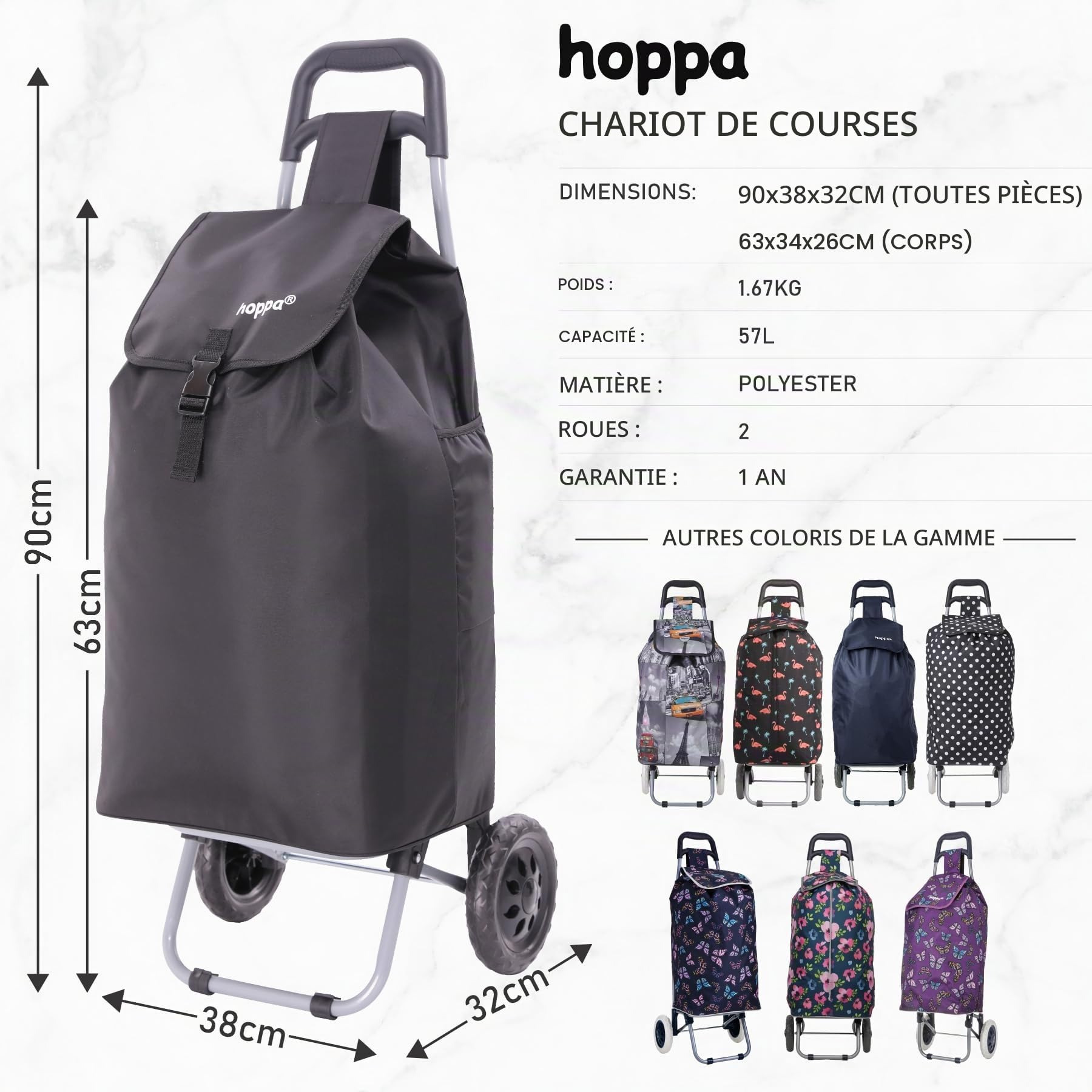 Hoppa Chariot de courses léger à 6 roulettes, résistant, emballé à plat