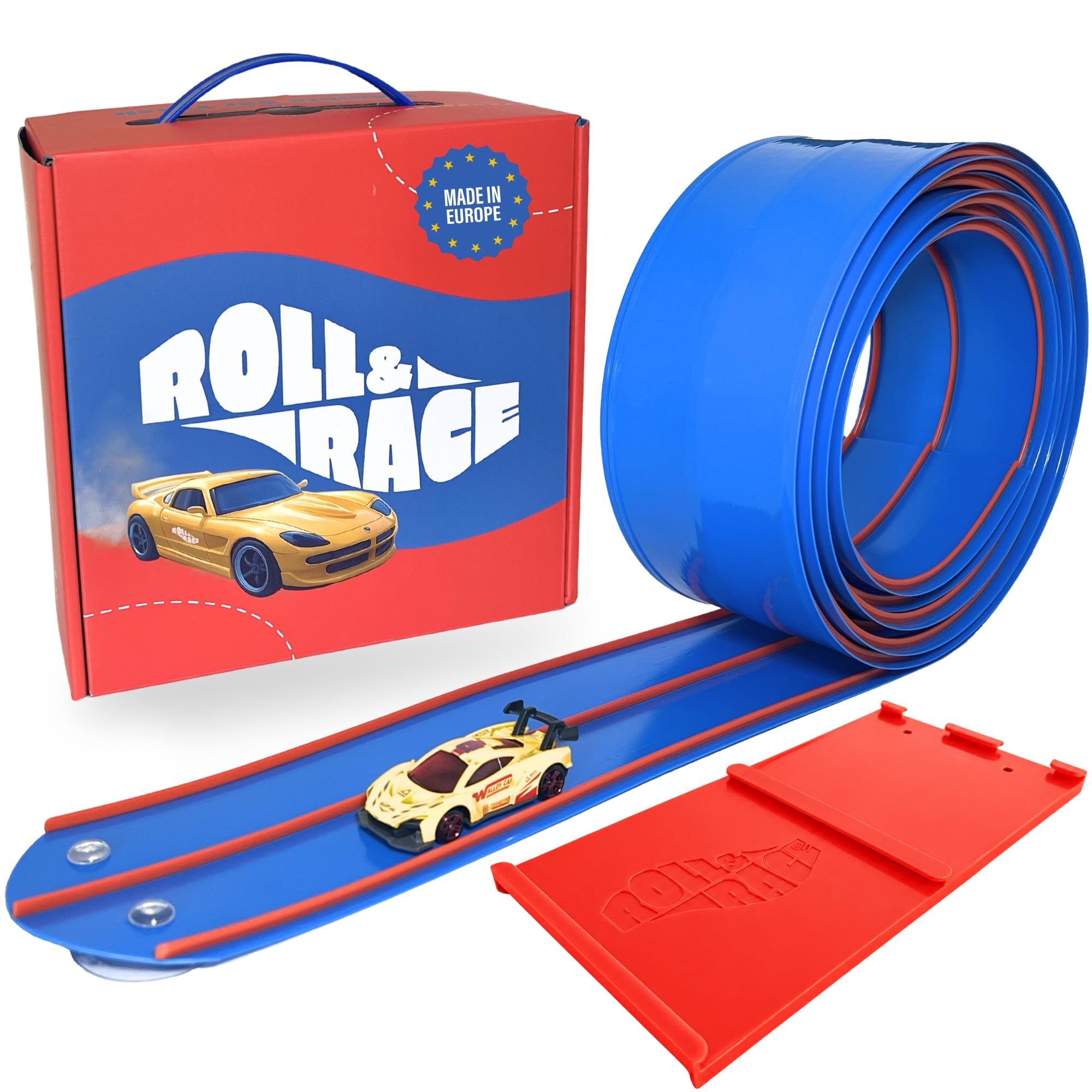 RollAndRace Pista Macchine Flessibile 400cm - Made in EU - Flexible Car Track - Gioco Bambino - Piste Car Wheels - Circuito di Corse per Bambini - Astuccio per il trasporto incluso