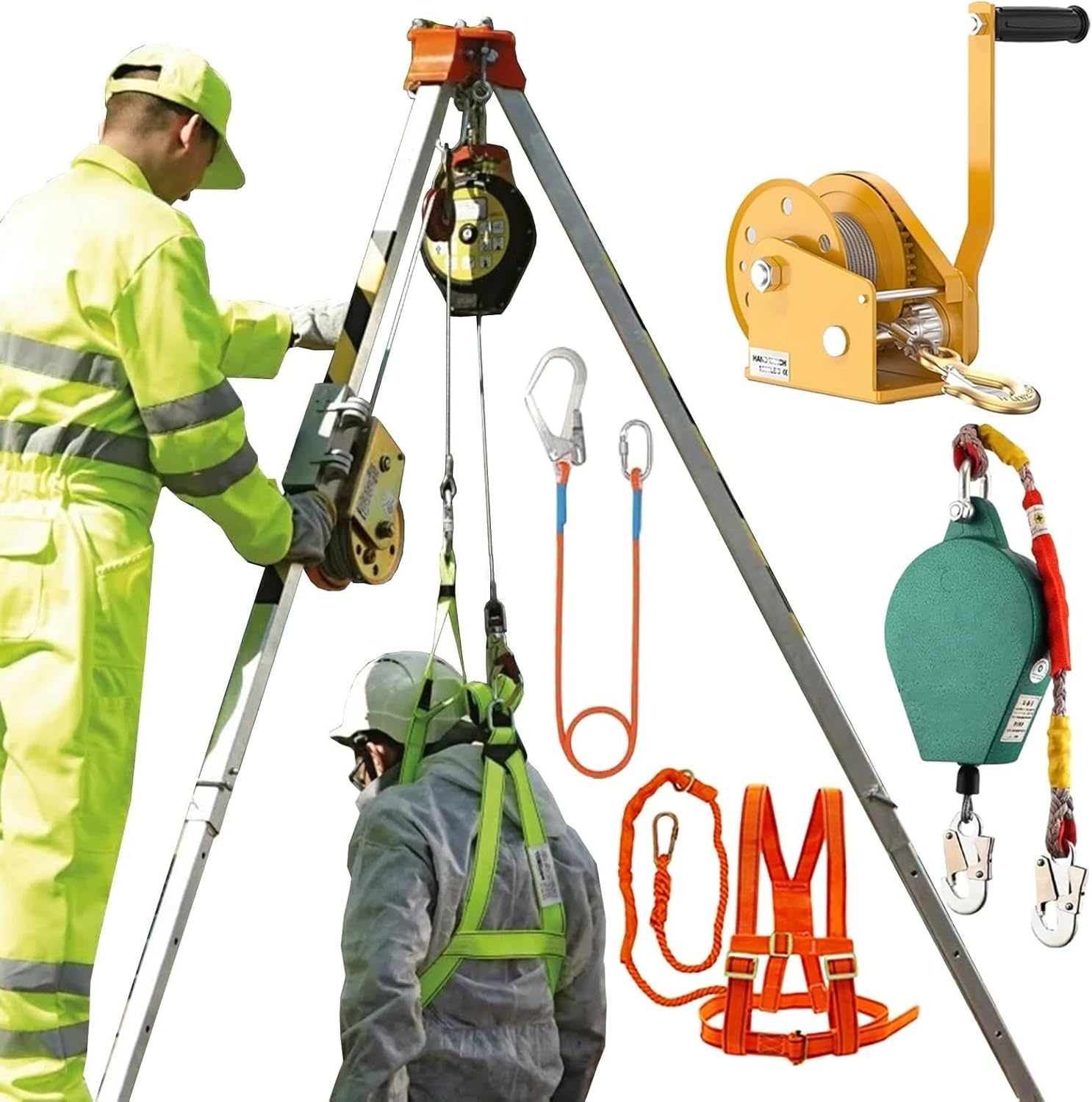 Confined Space Fall Arrest Kit - Aluminum Tripod System with 1200/1800/2600 LBS Winch, Self-Locking Safety Device for Rescue & Fall Protection